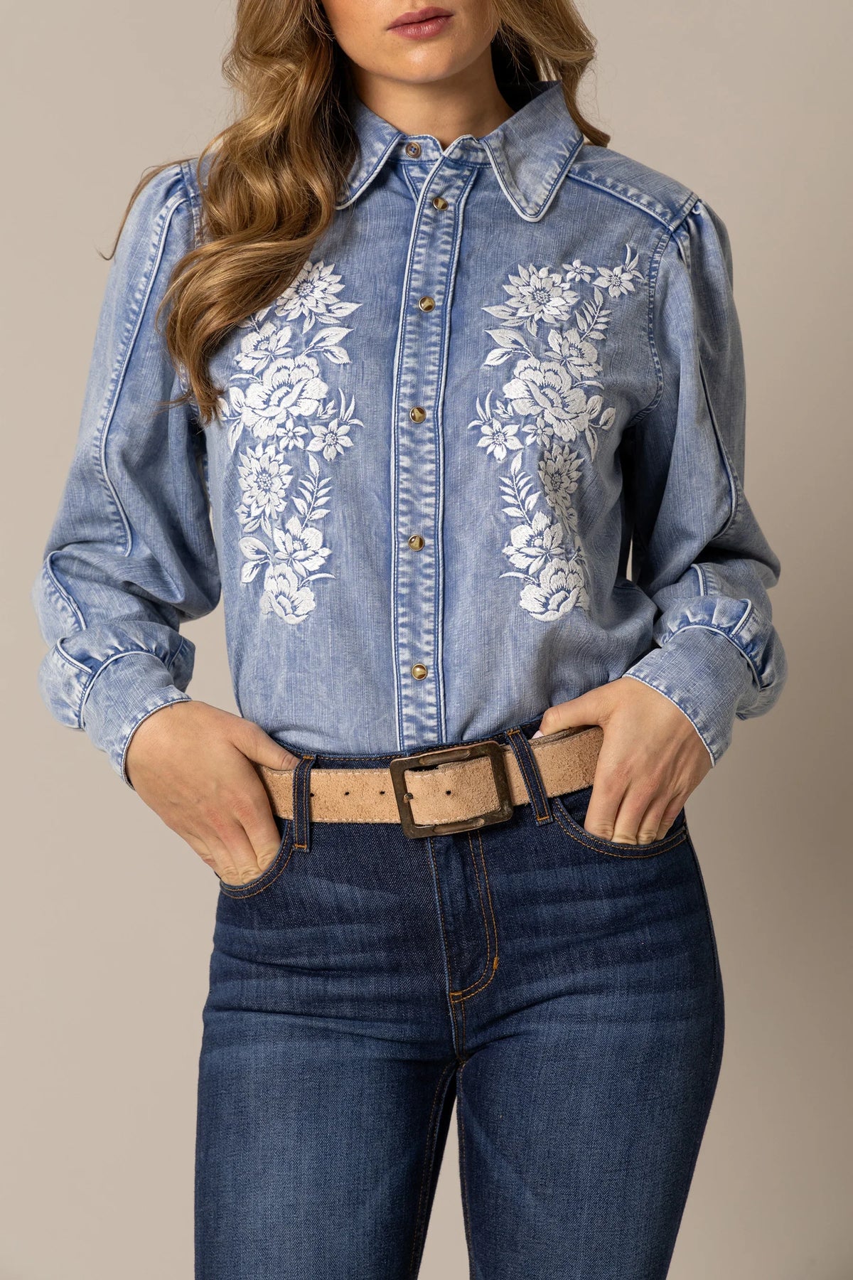 Kimes Ranch Mae top in Light Wash Indigo with white floral embroidery on the front