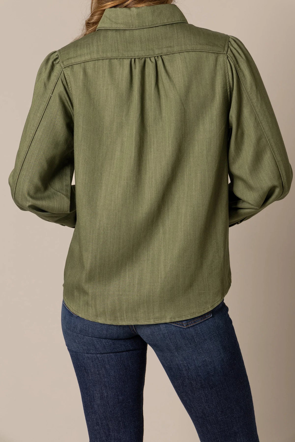 Kimes Ranch Mae top in Olive, back view, with a back yoke and long sleeves
