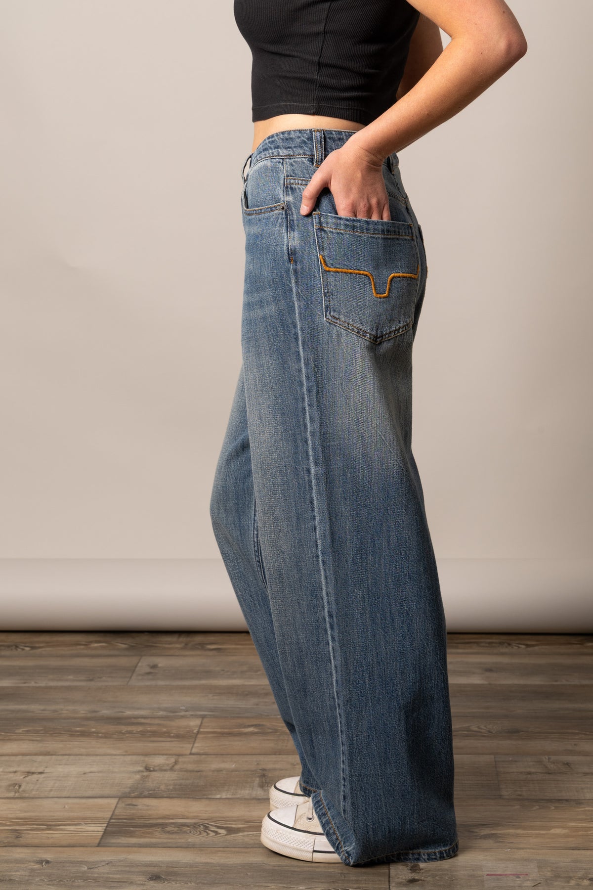 Kimes Ranch Maggie jeans in Antique Wash, side view, with wide leg and contrast stitching