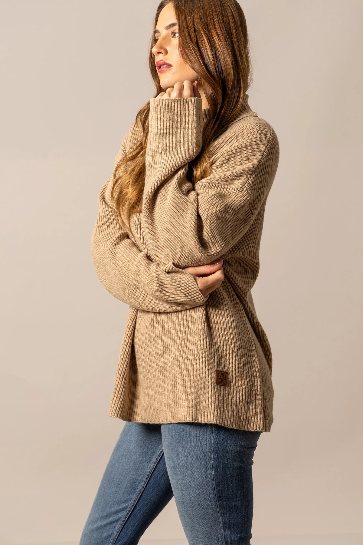 Kimes Ranch Maizie Turtleneck sweater in Coffee, side view, with long sleeves and a ribbed knit texture