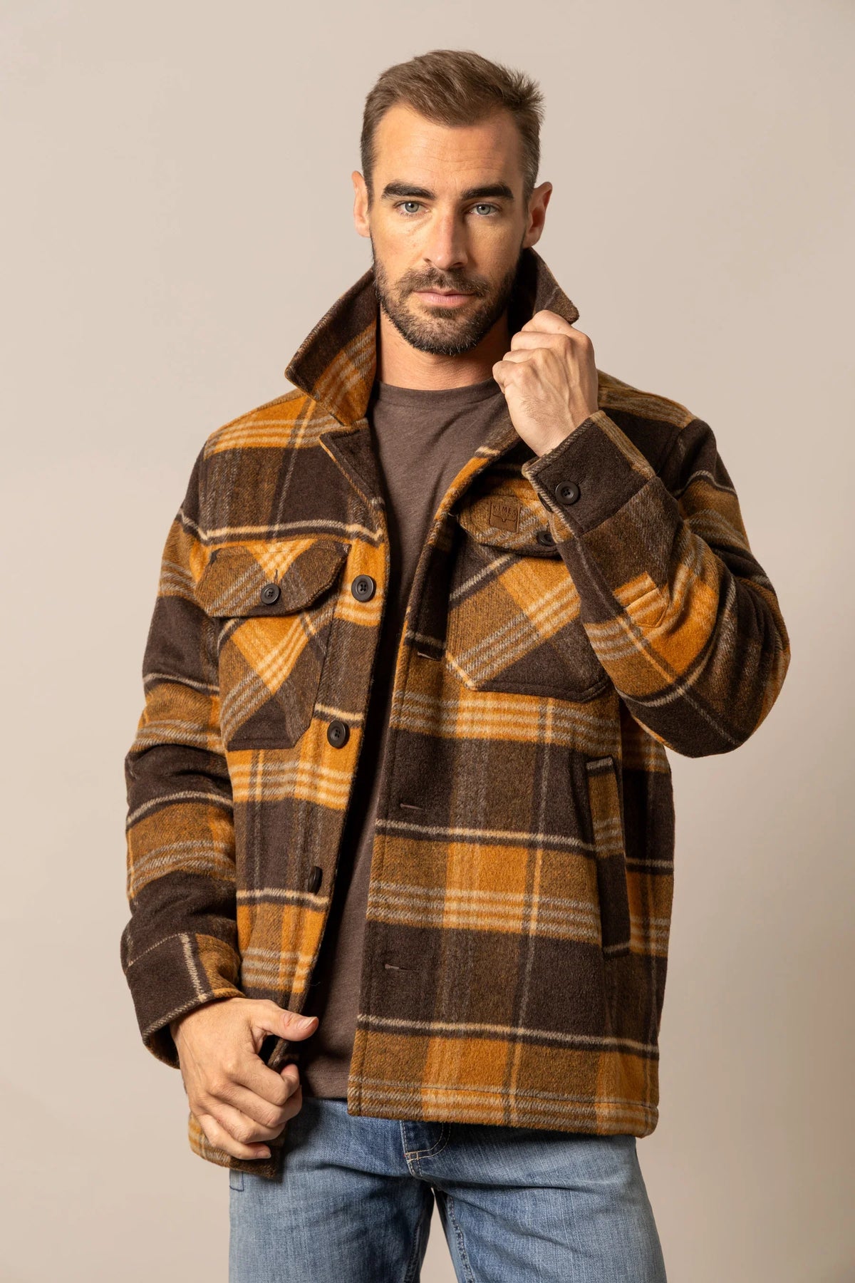 Kimes Ranch Marquette Wool Jacket in Brown with a plaid pattern and button front