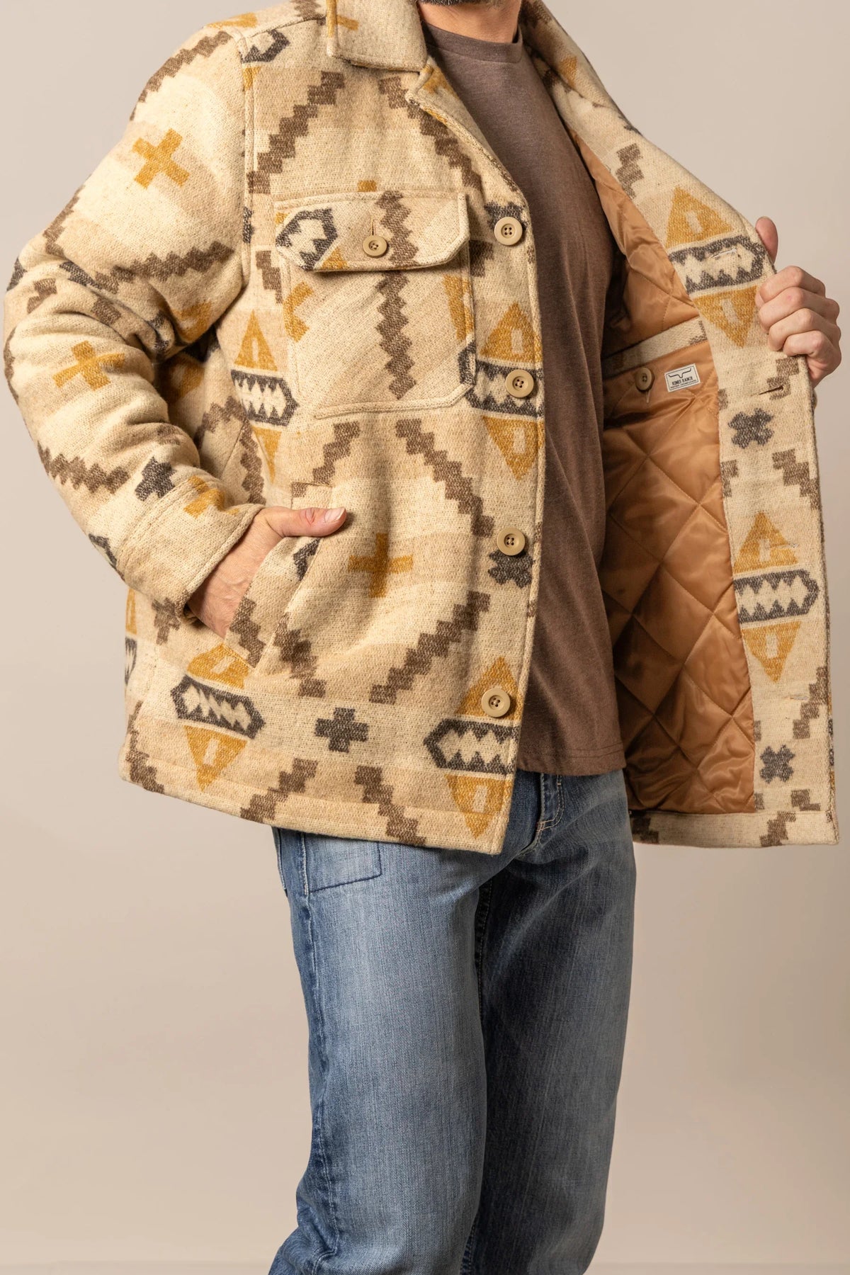 Kimes Ranch Marquette Wool Jacket in Tan, side view, with geometric pattern and quilted lining
