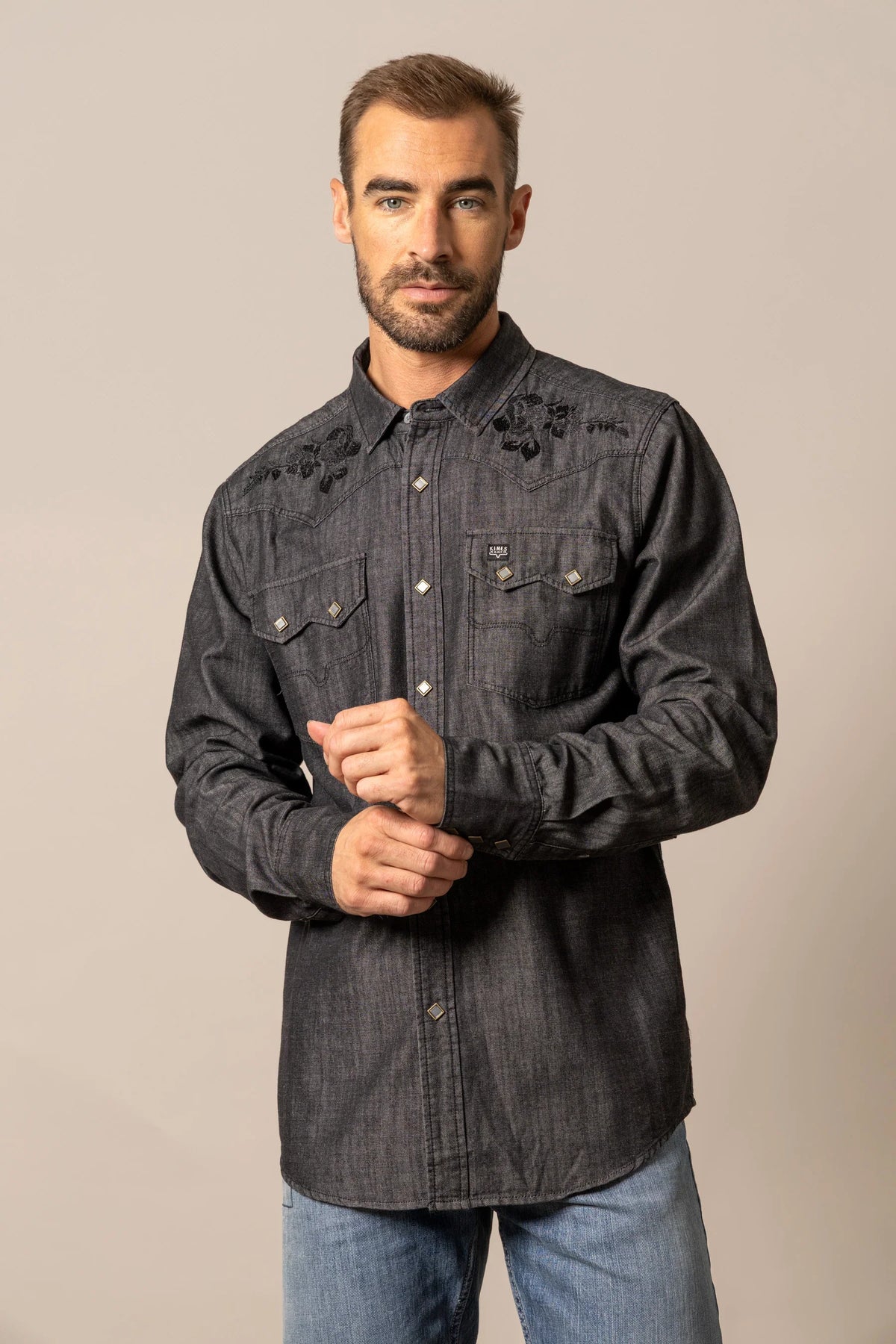 Kimes Ranch Memphis long sleeve western shirt in Black Out with floral embroidery on the yoke and diamond-shaped buttons