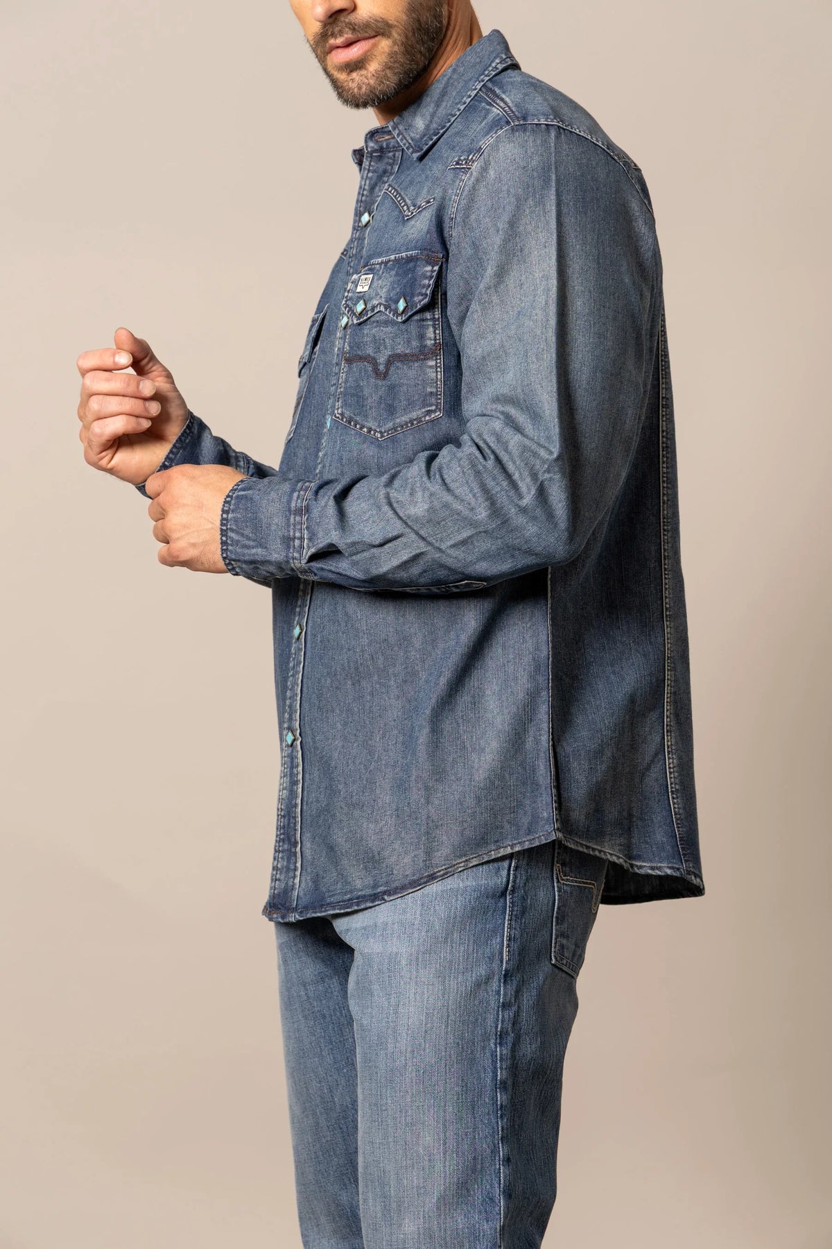 Kimes Ranch Memphis, side view, Indigo long sleeve shirt with chest pockets and turquoise buttons