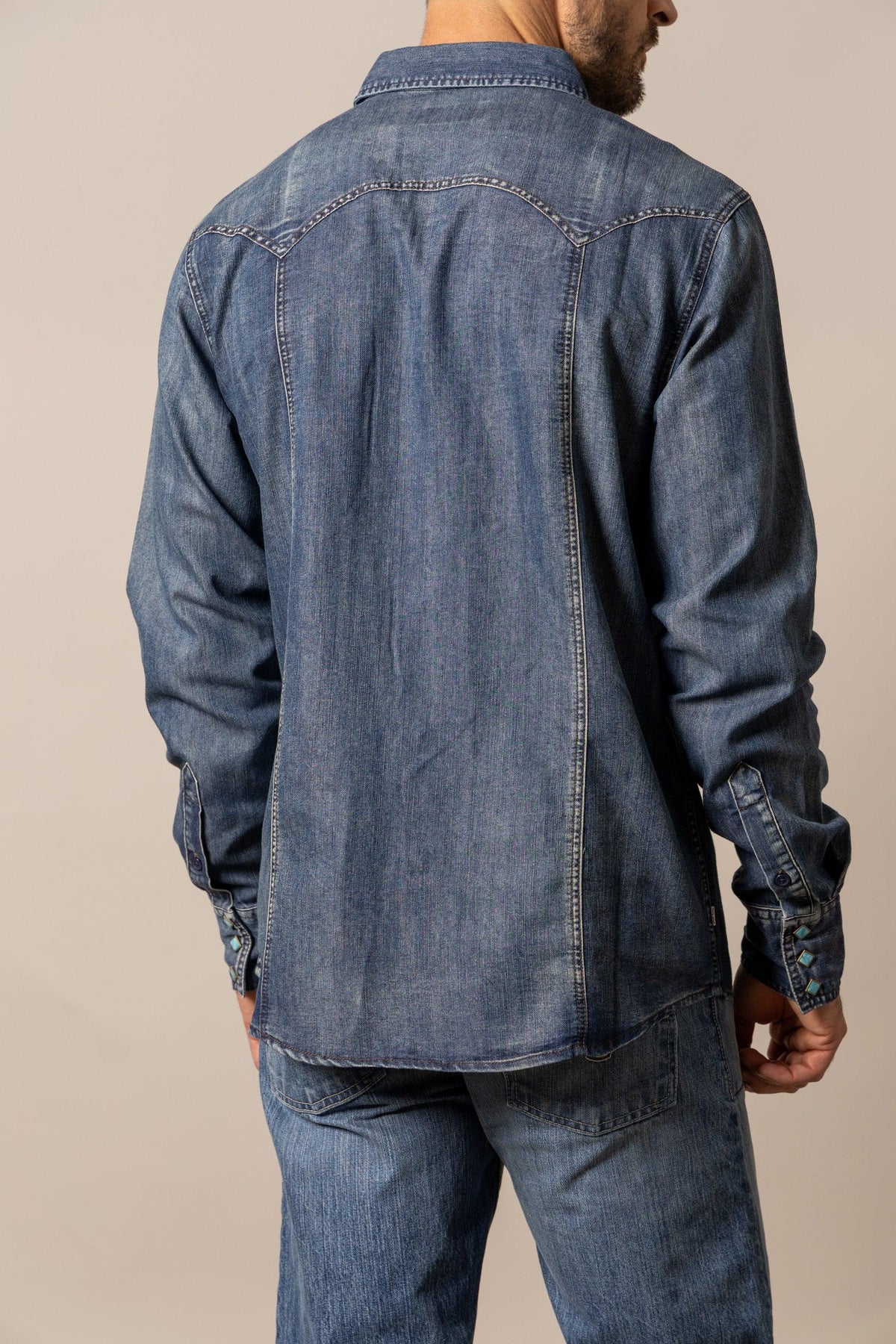 Kimes Ranch Memphis dress shirt in Indigo, back view, with back yoke and turquoise cuff buttons