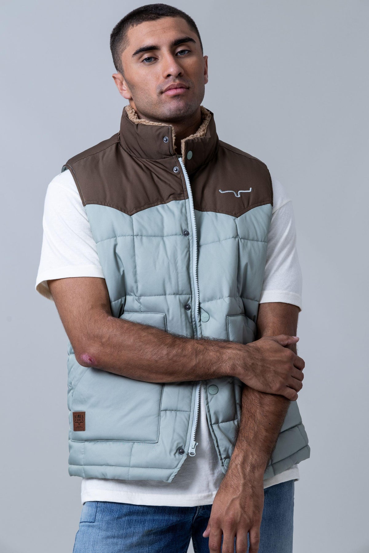 Kimes Ranch Muir Trail Vest in Sage with brown yoke and sherpa collar
