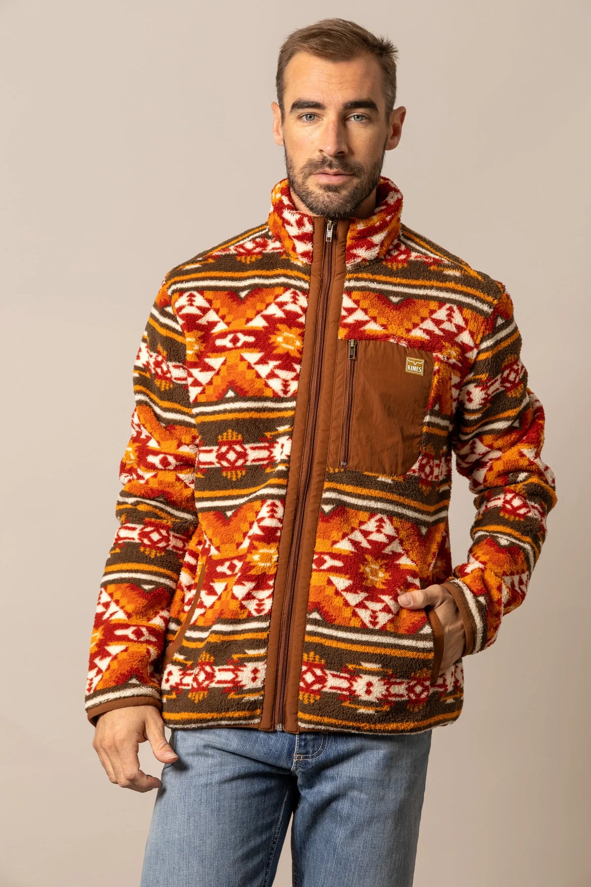 Kimes Ranch Mercury Fleece hoodie in Brown with a geometric pattern and zippered chest pocket