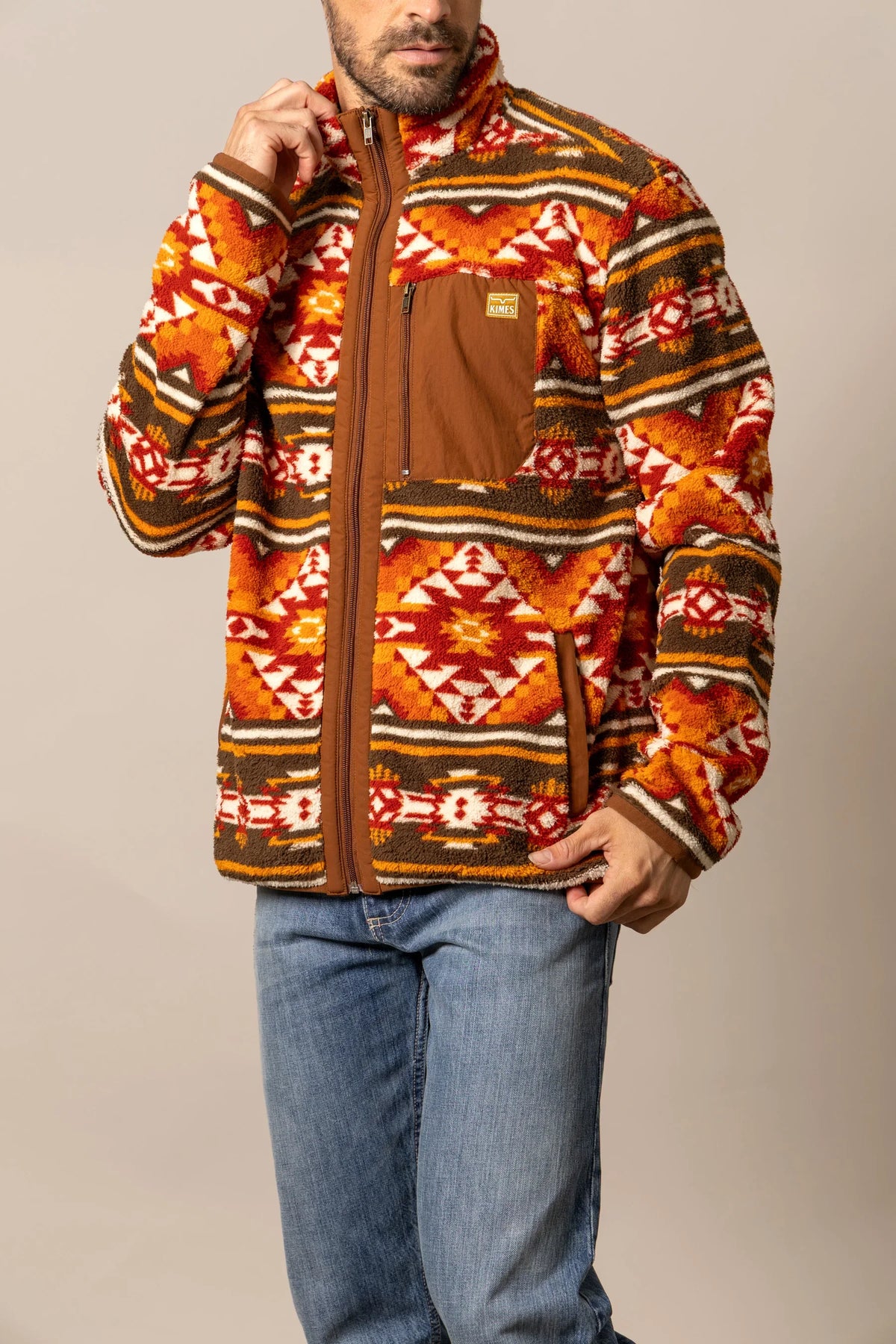 Kimes Ranch Mercury Fleece hoodie in Brown with a geometric pattern and zippered chest pocket