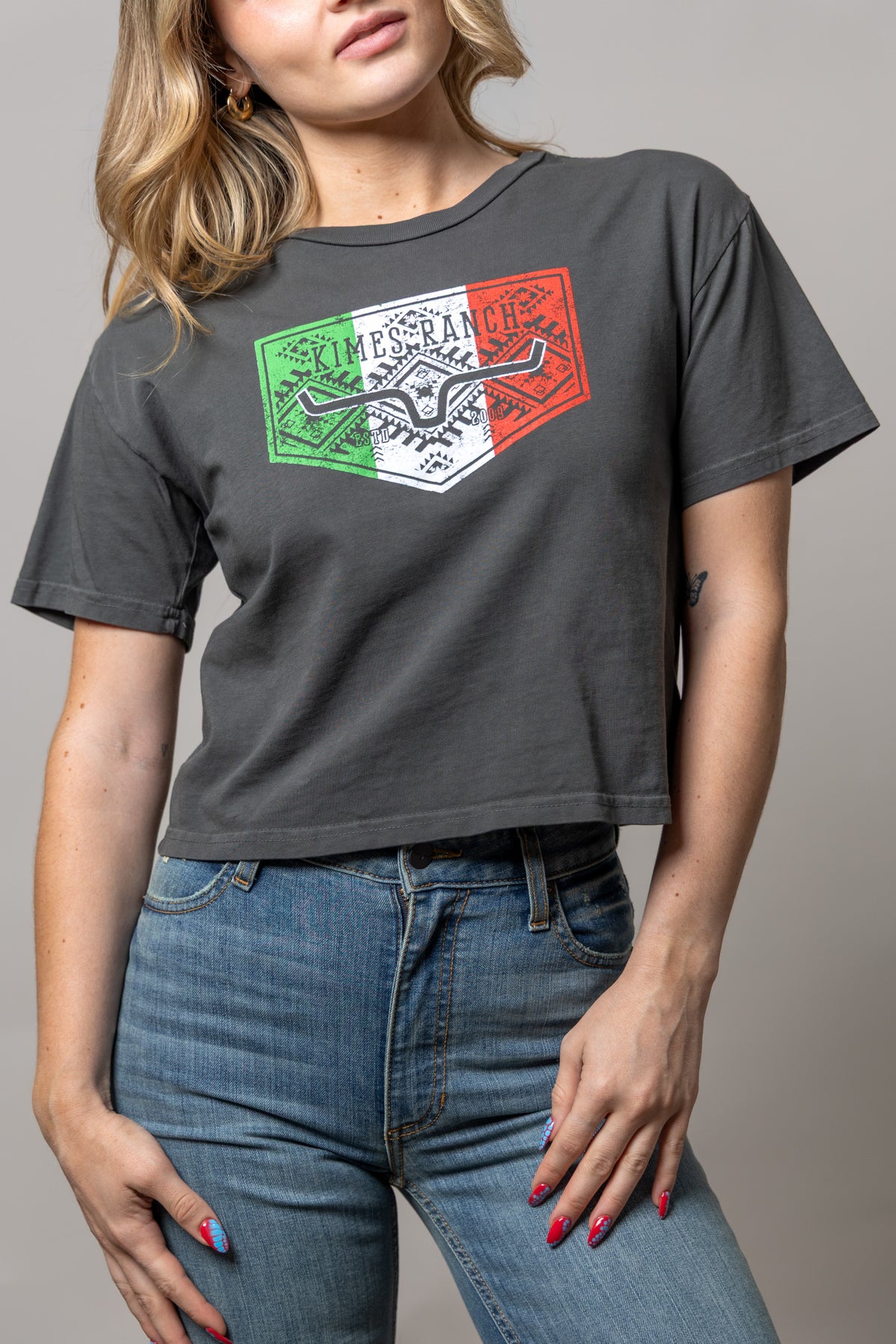 Kimes Ranch Mexicana Plate shirt in Pepper with a Mexican flag graphic and Kimes Ranch logo