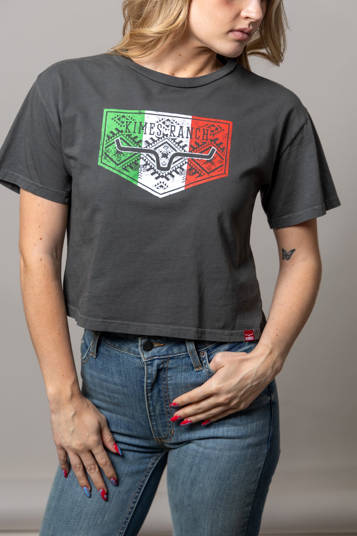 Kimes Ranch Mexicana Plate shirt in Pepper with a graphic print featuring the Kimes Ranch logo and Mexican flag colors