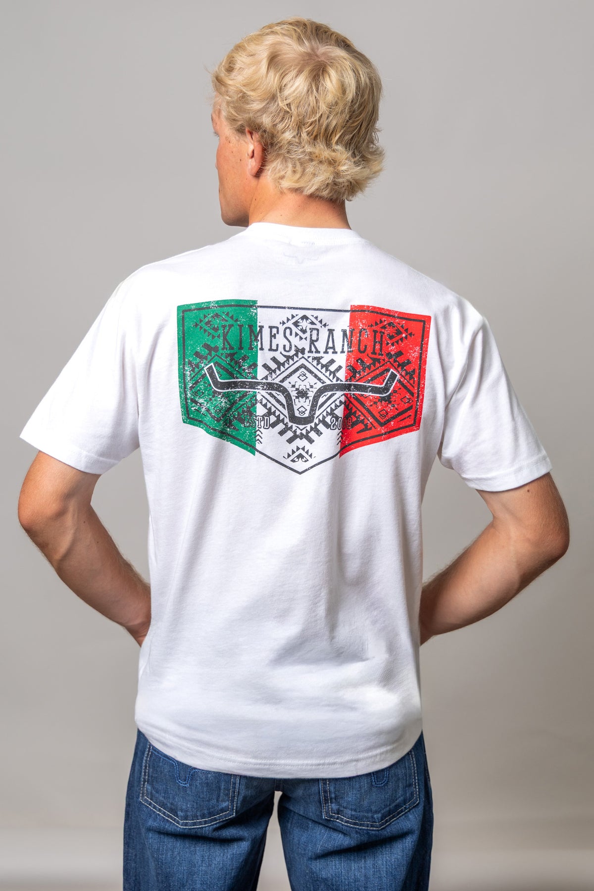 Kimes Ranch Mexicana Plate shirt in White, back view, with a back graphic featuring the Kimes Ranch logo