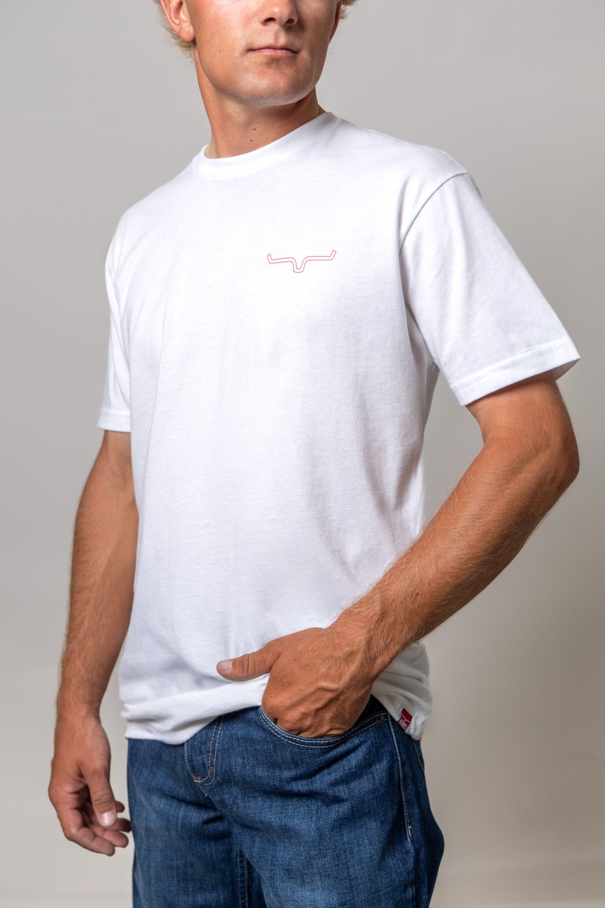 Kimes Ranch Mexicana Plate shirt in White with a red Kimes Ranch logo on the chest