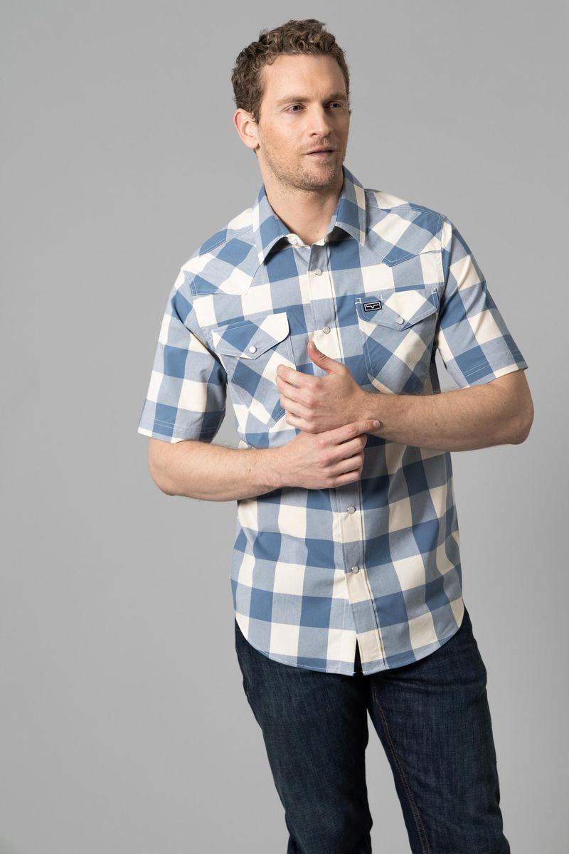 Kimes Ranch Malcom Buffalo Plaid Dress Shirt in Blue with short sleeves and two chest pockets