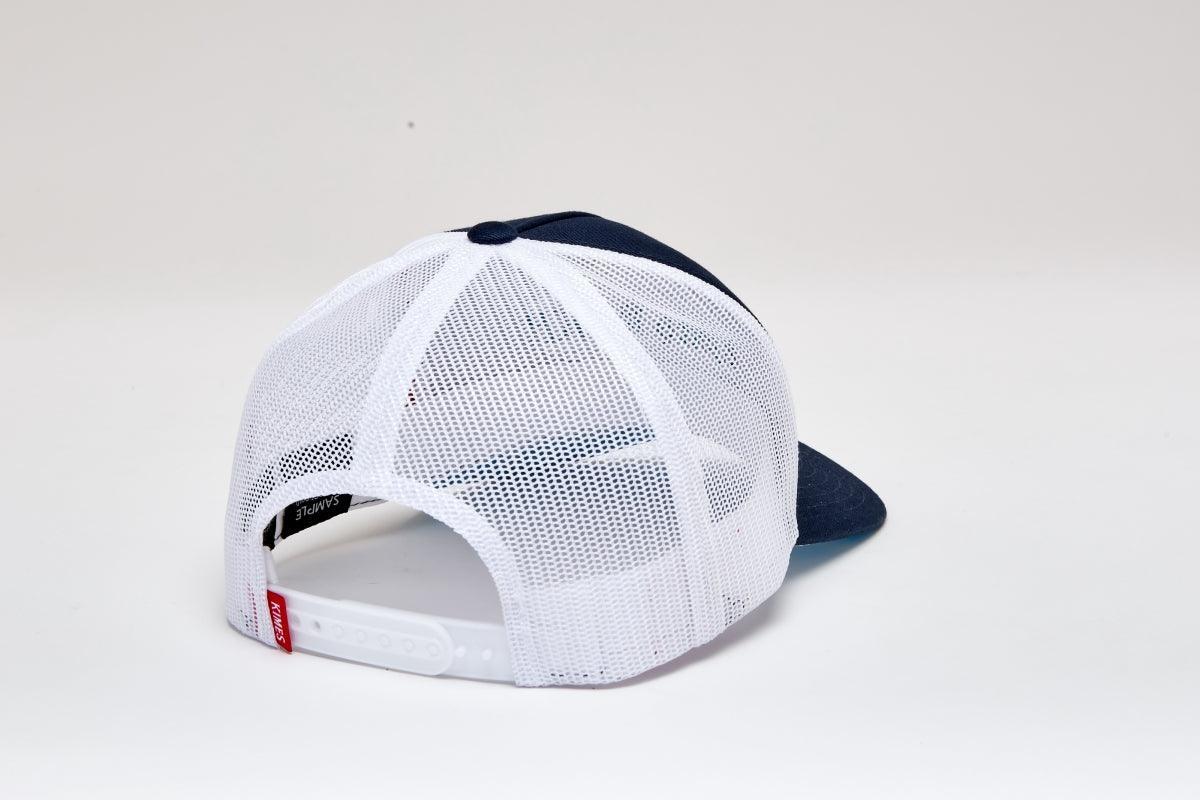 Kimes Ranch Monterey El Paso Hat, back view, in navy and white with a mesh back and adjustable strap