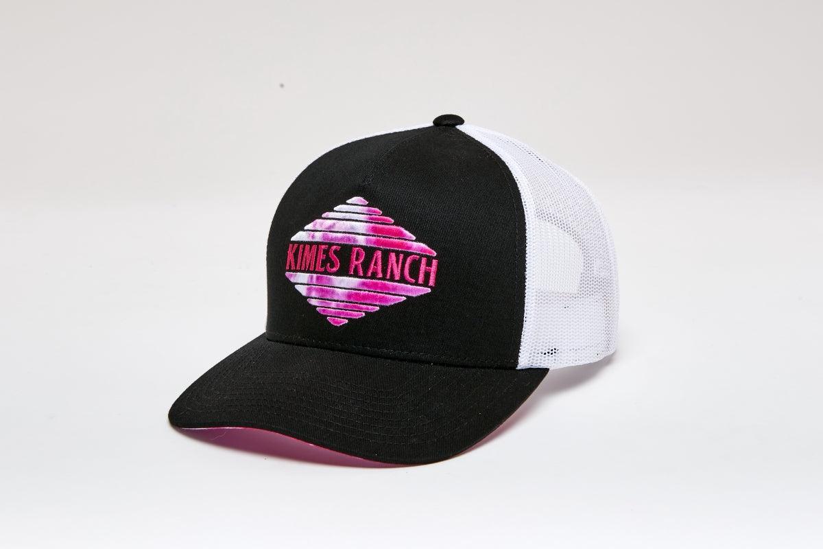 Kimes Ranch Monterey El Paso Hat in Black, side view, with white mesh back and pink tie-dye logo