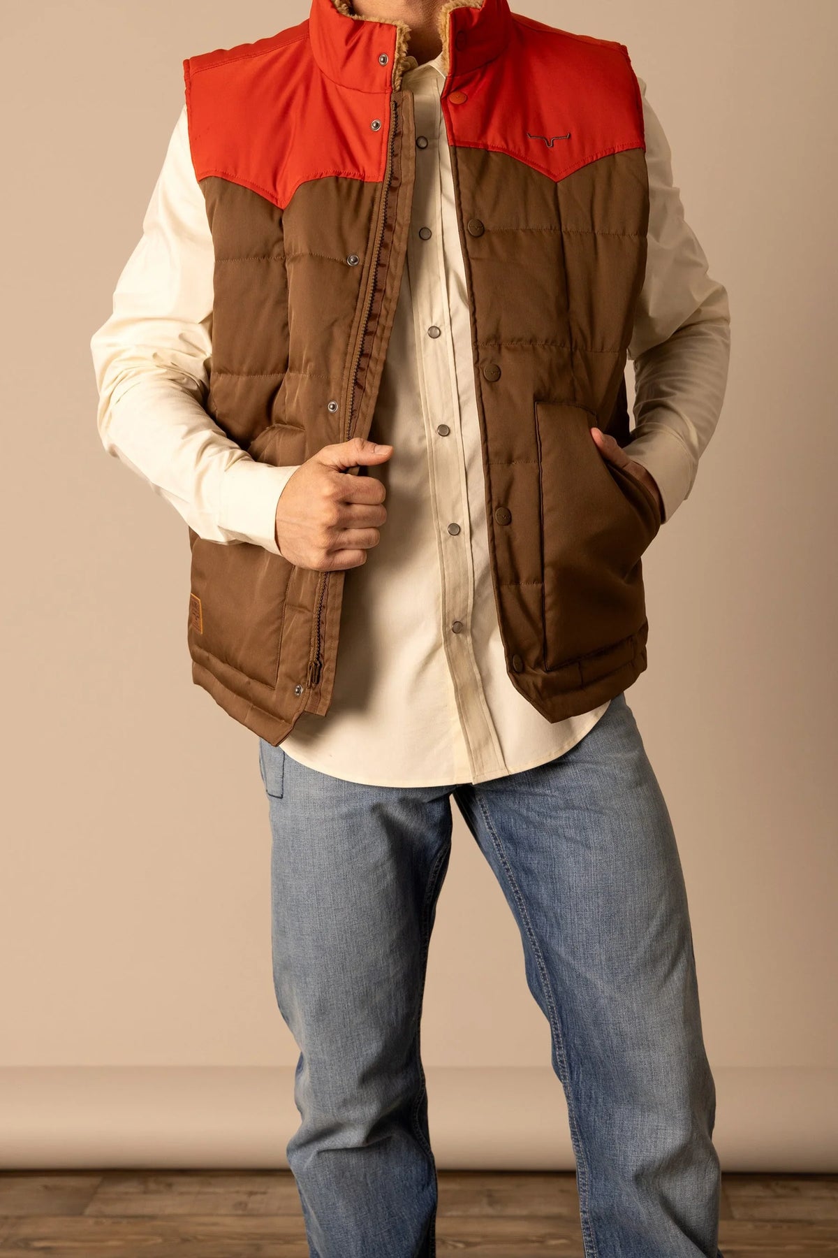 Kimes Ranch Muir Trail Vest in Brown with a red yoke and front pockets