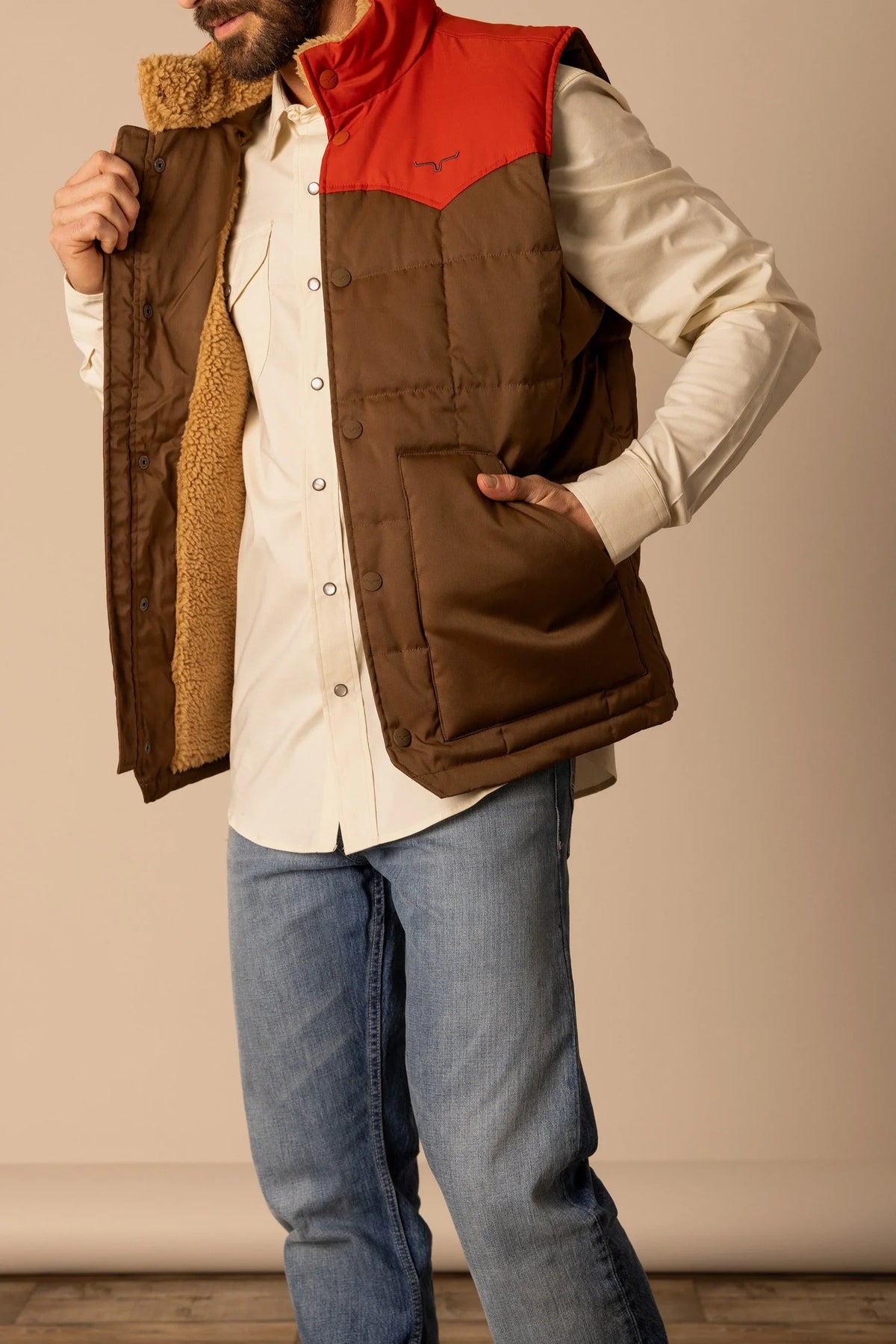 Kimes Ranch Muir Trail Vest in Brown with sherpa lining and red yoke with logo