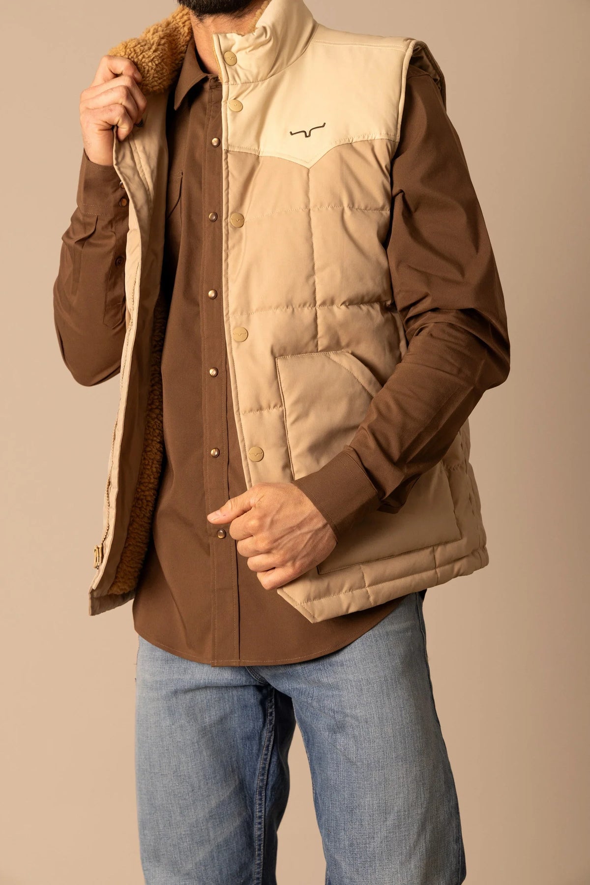 Kimes Ranch Muir Trail Vest in Khaki with sherpa collar and front pockets