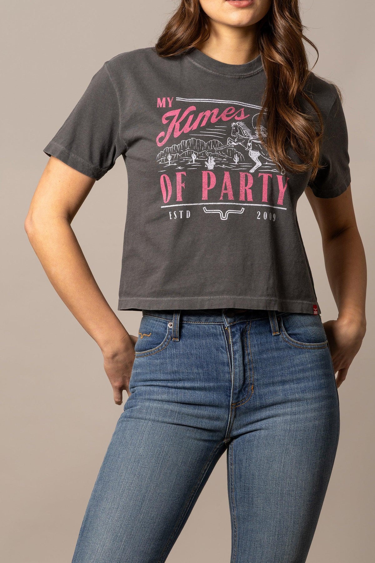 Kimes Ranch My Kimes of Party shirt in Pepper with pink and white graphic print