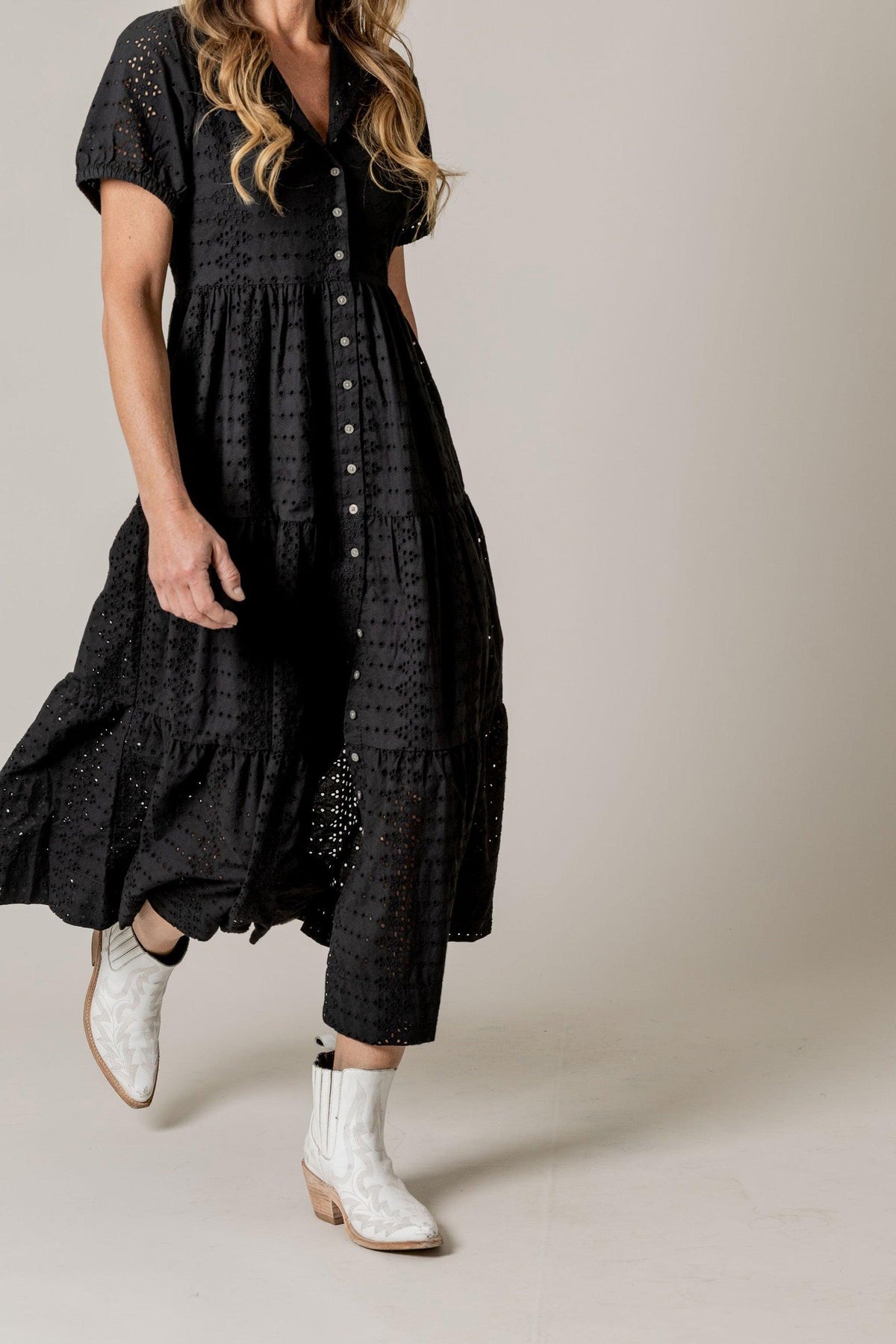 Kimes Ranch Neve Eyelet Dress in Black with a button-front bodice, tiered skirt, and short puff sleeves