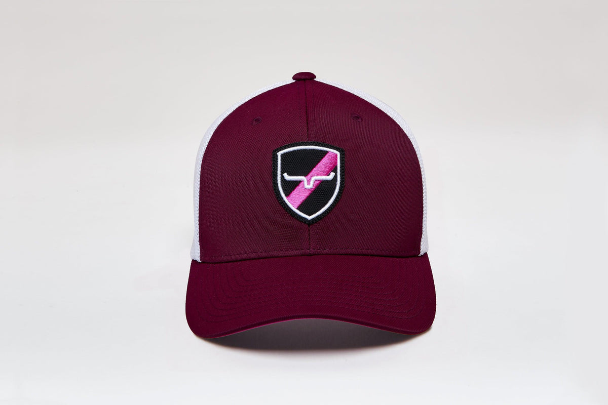Kimes Ranch Newton 110 Hat in Dark Red with white mesh back and embroidered Kimes Ranch logo shield