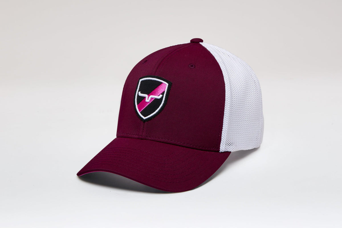 Kimes Ranch Newton 110 Hat in Dark Red, side view, with white mesh back and embroidered logo