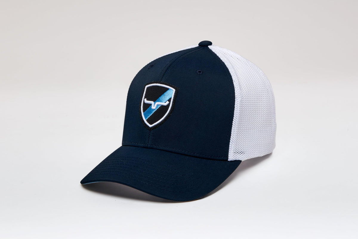 Kimes Ranch Newton 110 Hat in Navy, side view, with white mesh back and embroidered logo on front