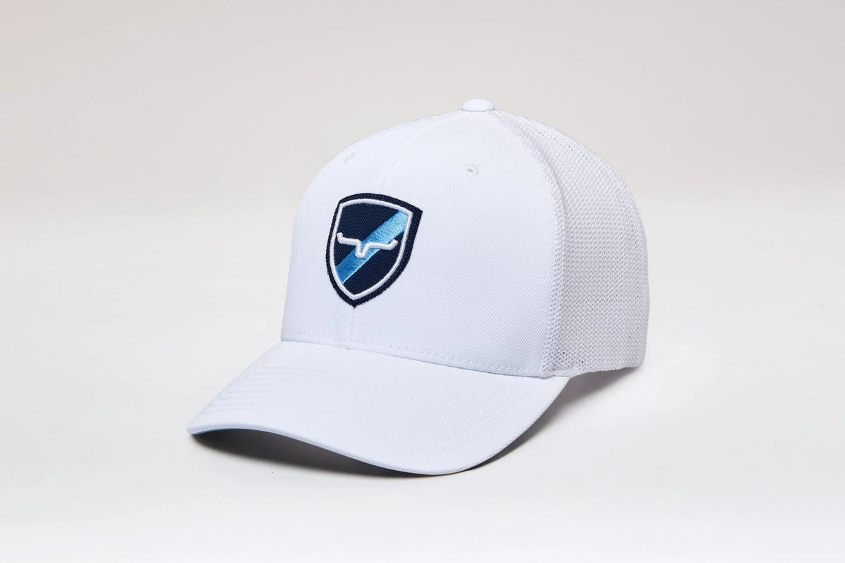 Kimes Ranch Newton 110 Hat in White, side view, with a shield logo featuring the Kimes Ranch logo in navy and light blue