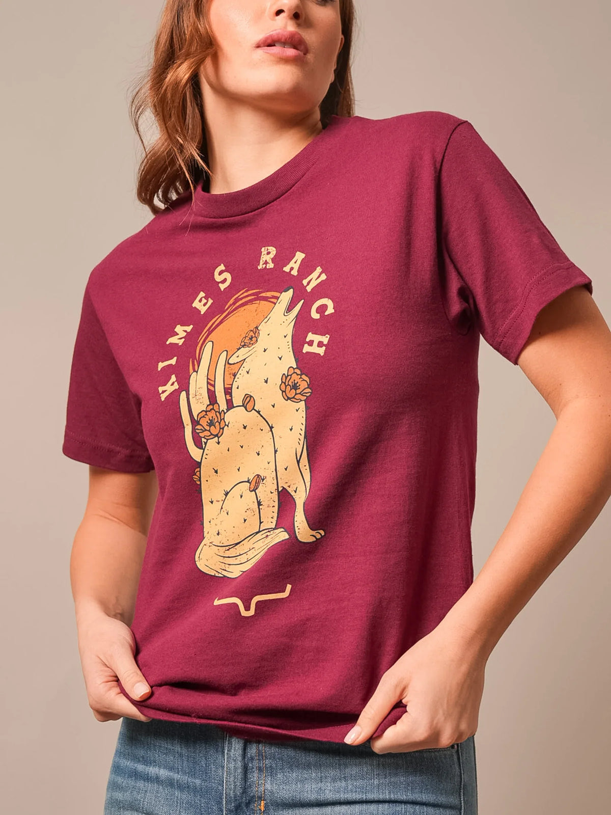 Kimes Ranch Night Call shirt in Burgundy with a howling coyote graphic and Kimes Ranch logo