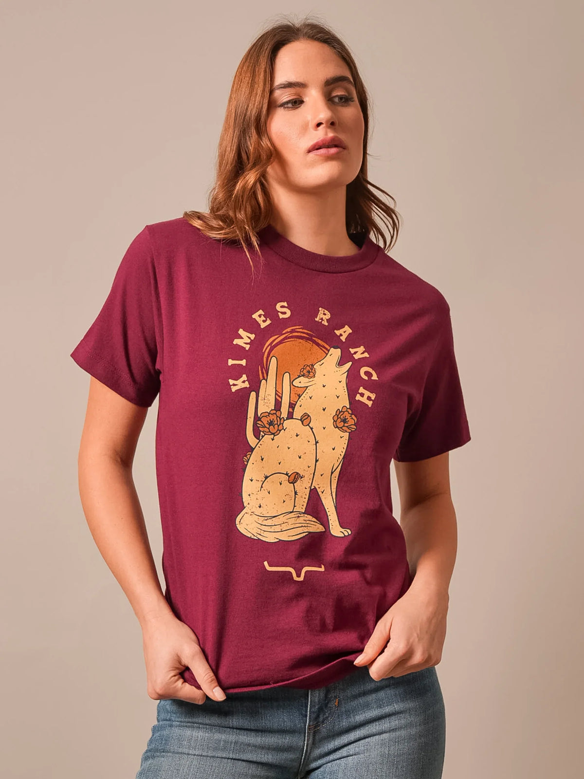 Kimes Ranch Night Call Burgundy short sleeve shirt with a howling coyote and cactus graphic