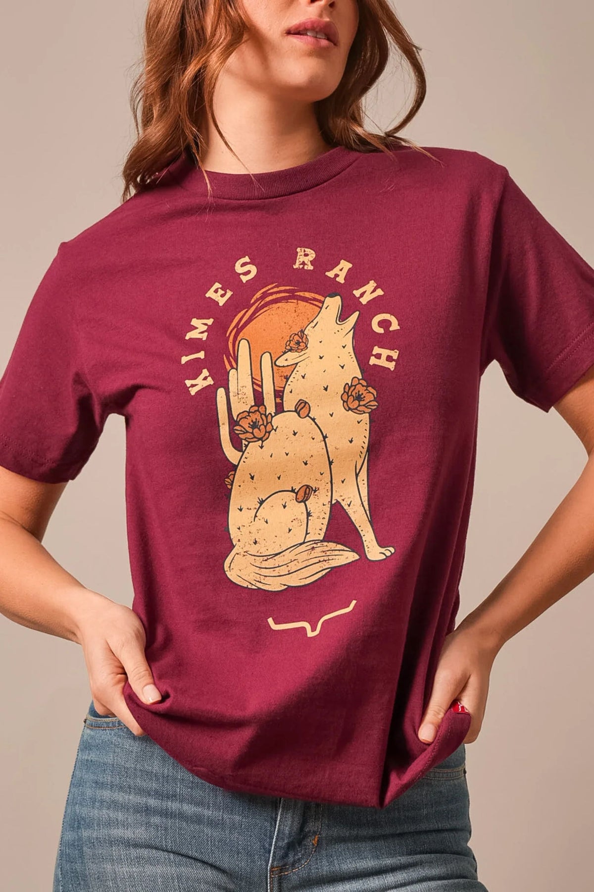 Kimes Ranch Night Call shirt in Burgundy with a howling coyote and cactus graphic
