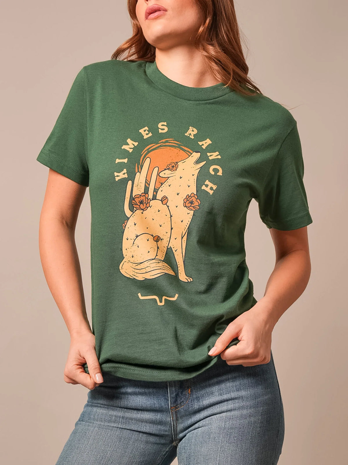 Kimes Ranch Night Call shirt in Forest with a howling coyote graphic and Kimes Ranch logo