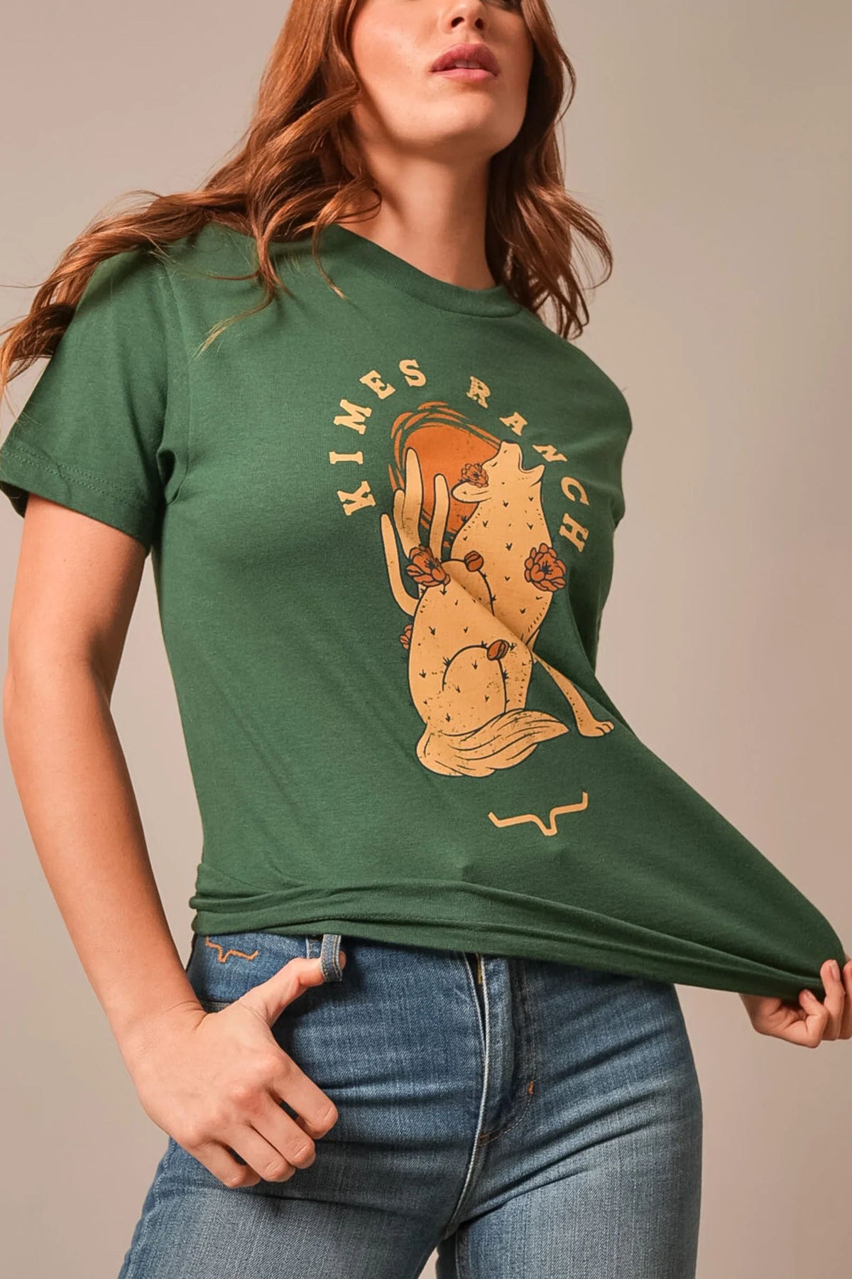 Kimes Ranch Night Call shirt in Forest with a howling coyote graphic and cactus print