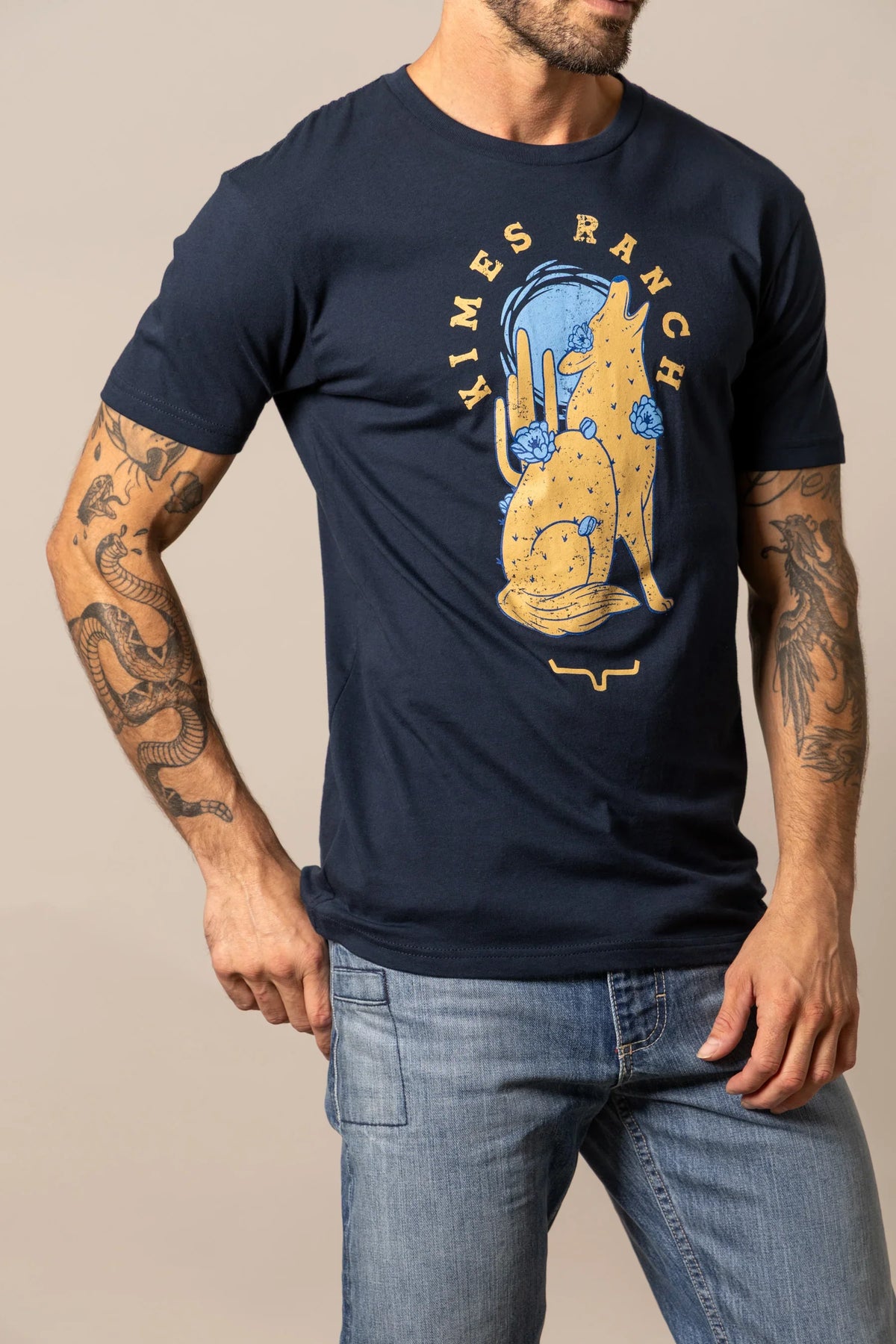 Kimes Ranch Night Call shirt in Midnight Navy with a howling coyote graphic and Kimes Ranch logo