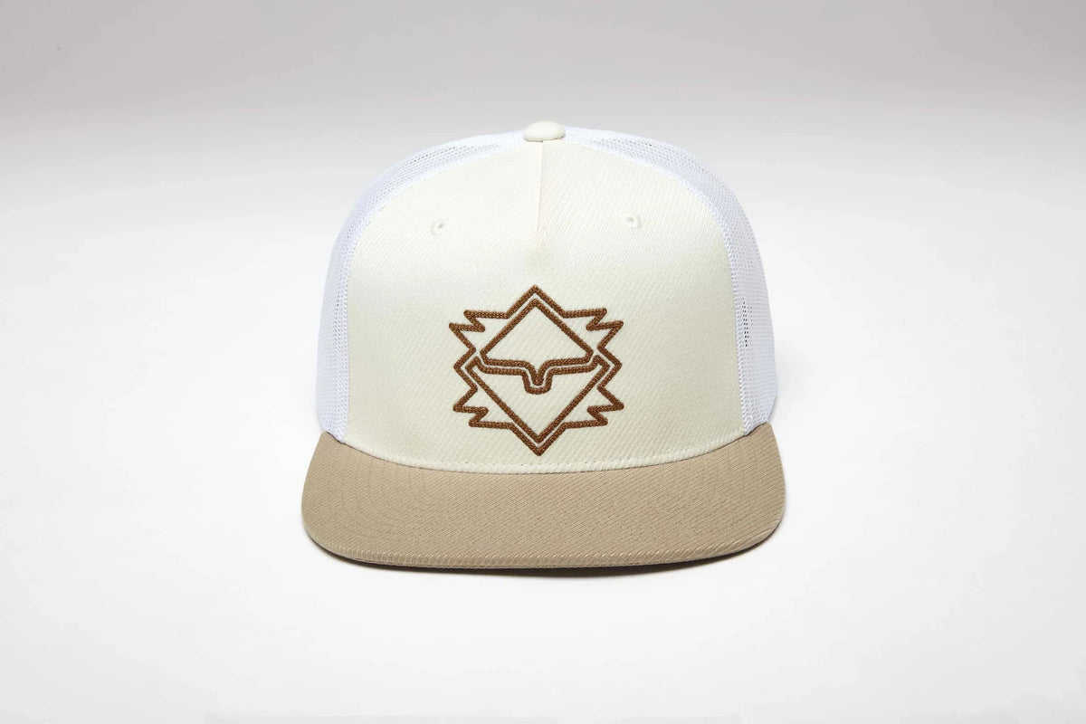 Kimes Ranch North Star trucker hat in Natural with tan brim and embroidered Kimes Ranch logo