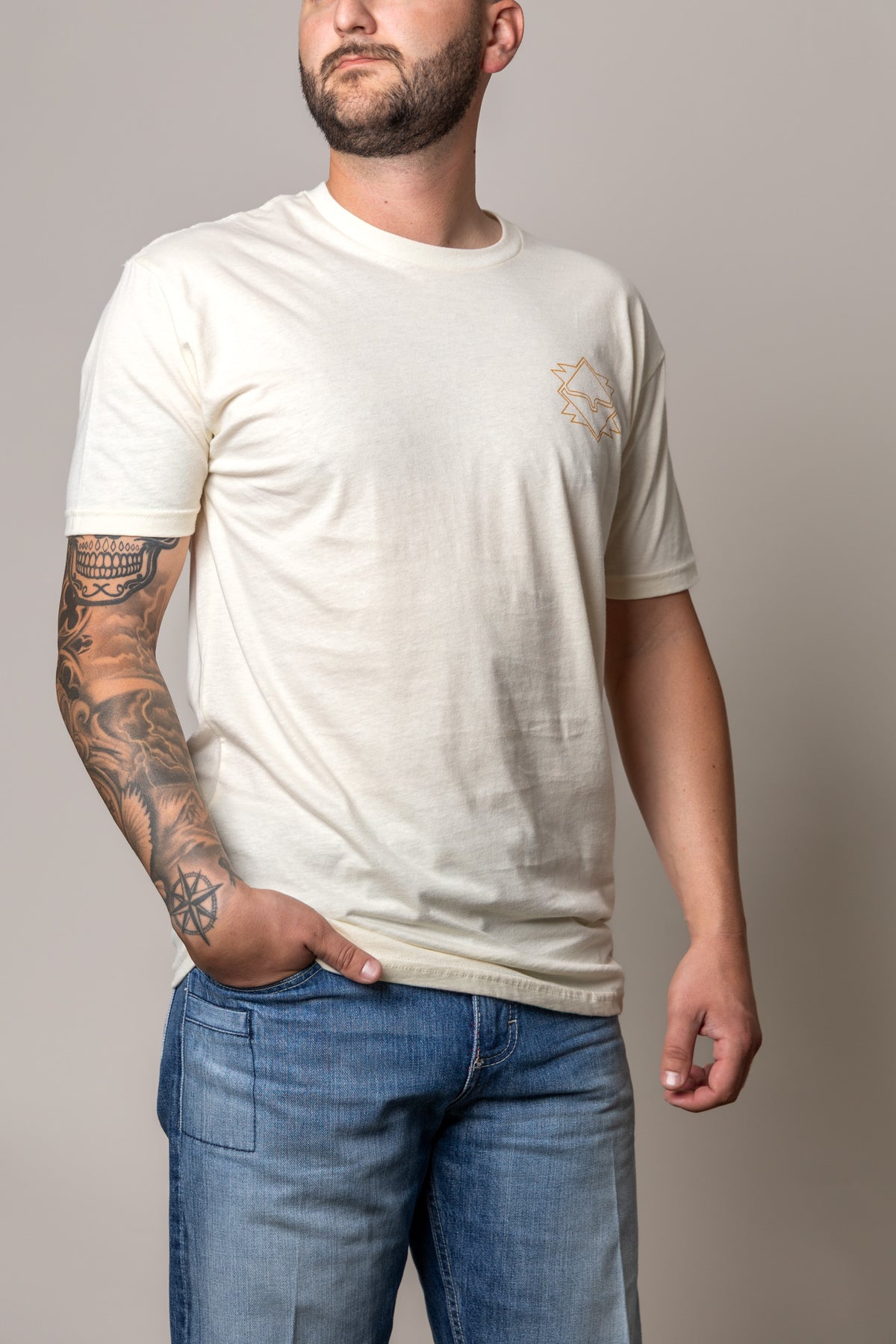 Kimes Ranch North Star short sleeve shirt in Natural with a small logo on the chest