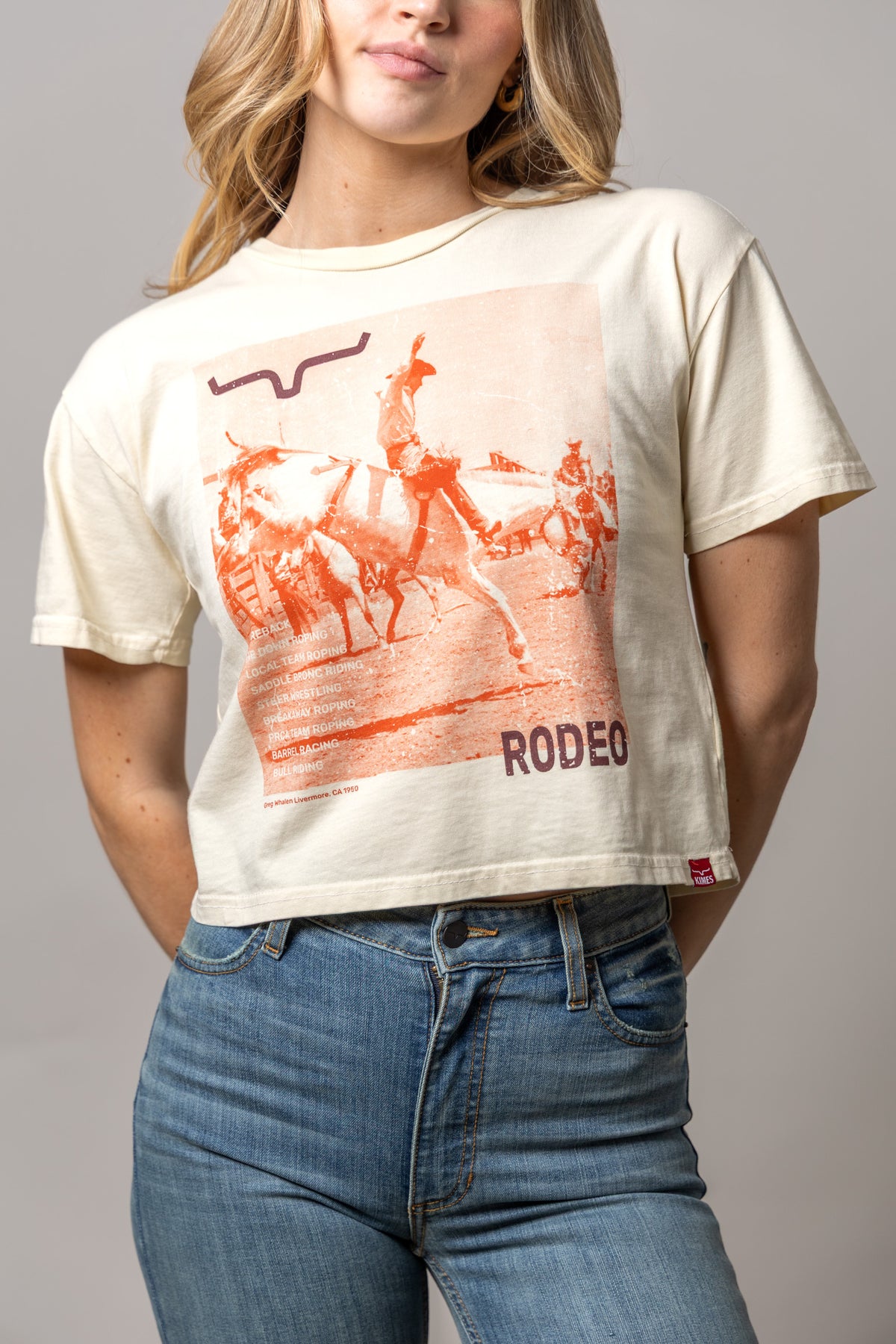Kimes Ranch Not Our First shirt in Ivory with a vintage rodeo graphic and RODEEO text