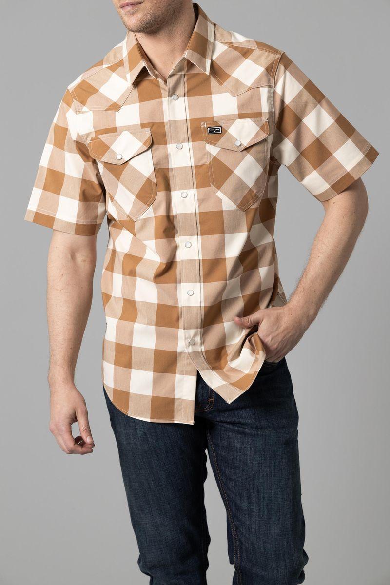 Kimes Ranch Malcom Buffalo Plaid Dress Shirt in Work Wear Brown with chest pockets and logo