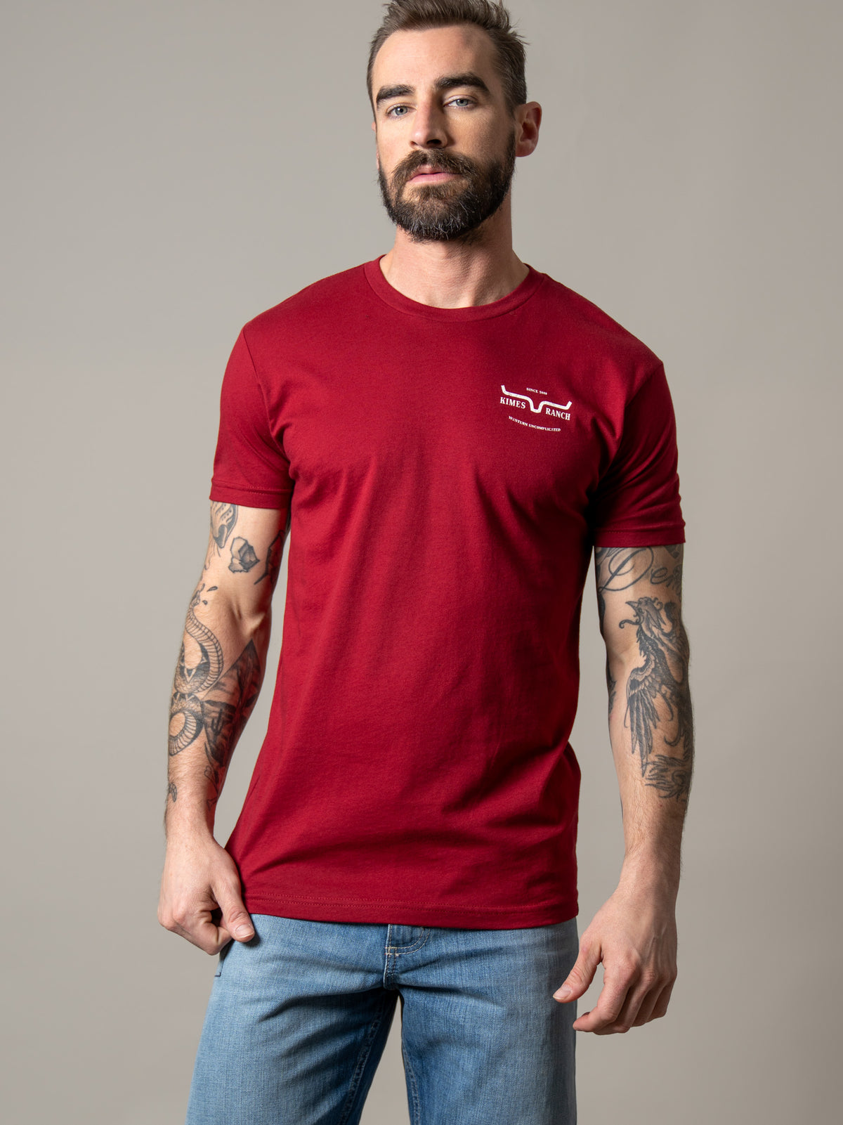 Kimes Ranch Old West shirt in Cardinal with a crewneck collar and a small white logo on the chest