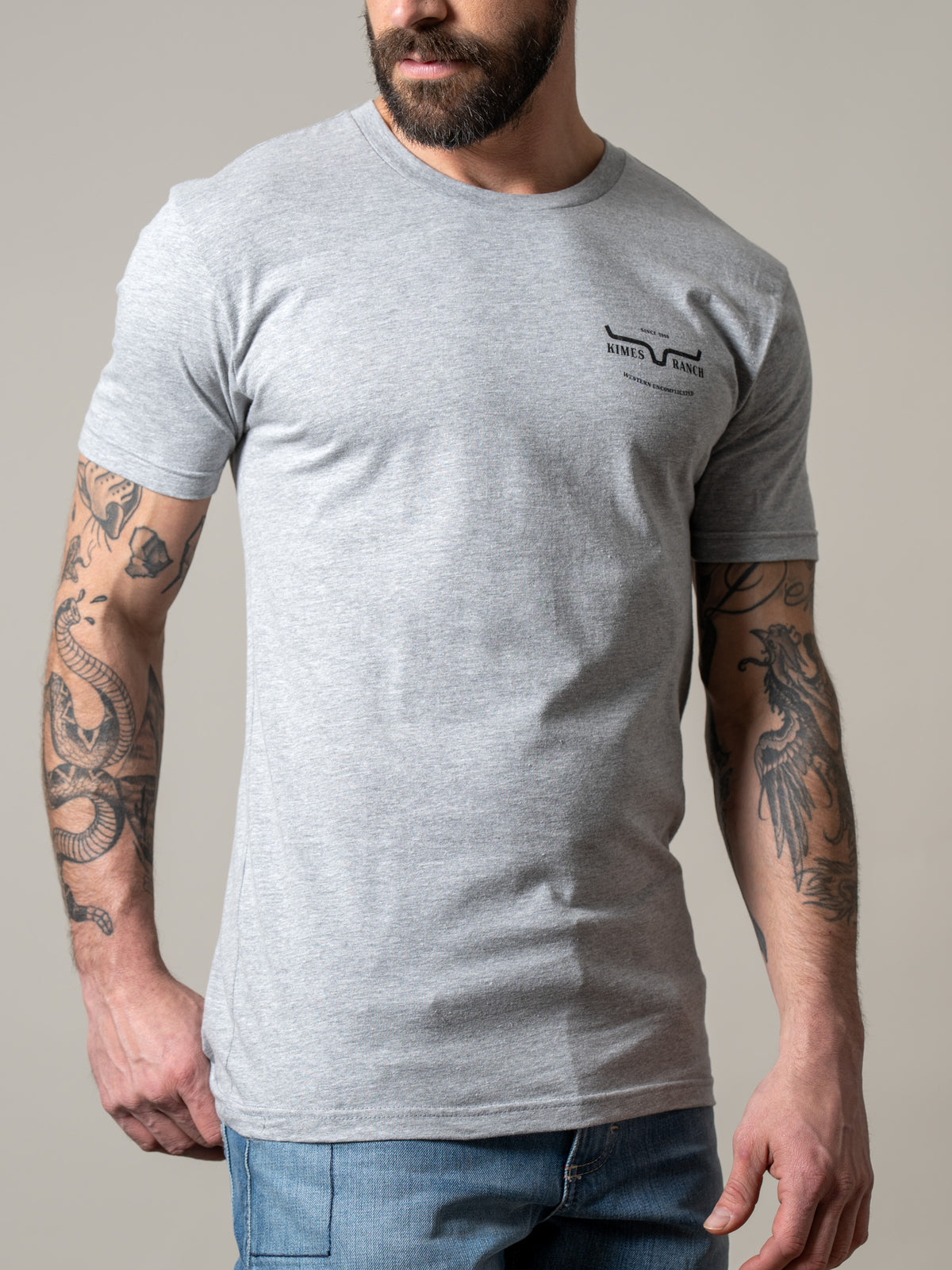 Kimes Ranch Old West shirt in Heather Grey with a crew neck and short sleeves and the Kimes Ranch logo on the chest