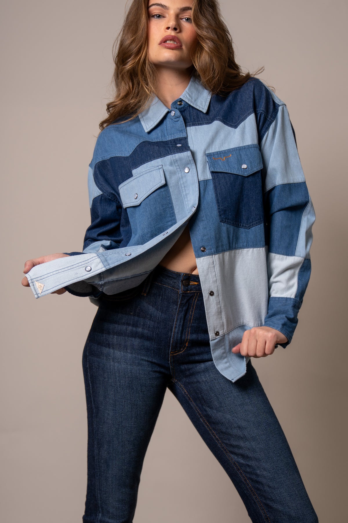 Kimes Ranch Olly jacket in Indigo with patchwork panels and front pockets