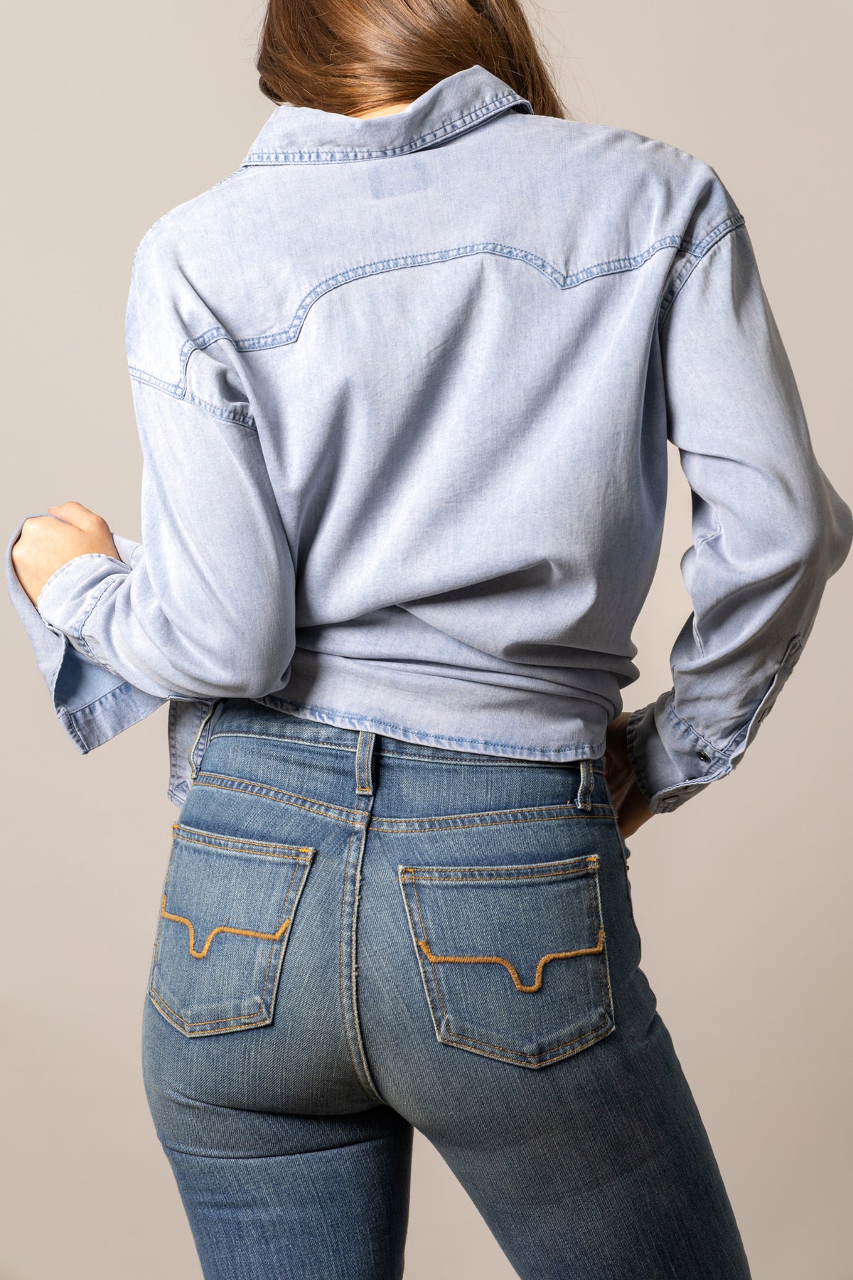 Kimes Ranch Olly jacket in Light Wash, back view, with long sleeves and a back yoke