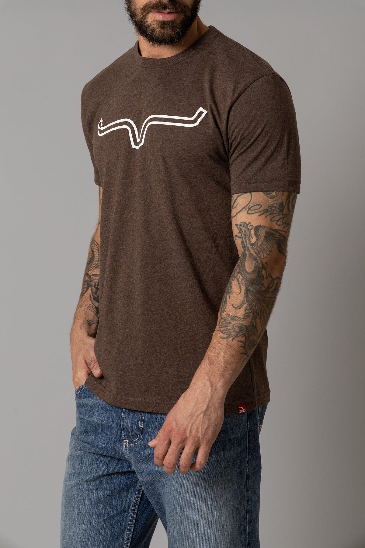 Kimes Ranch Outlier Shirt in Espresso, side view, with a white stylized steer logo on the chest