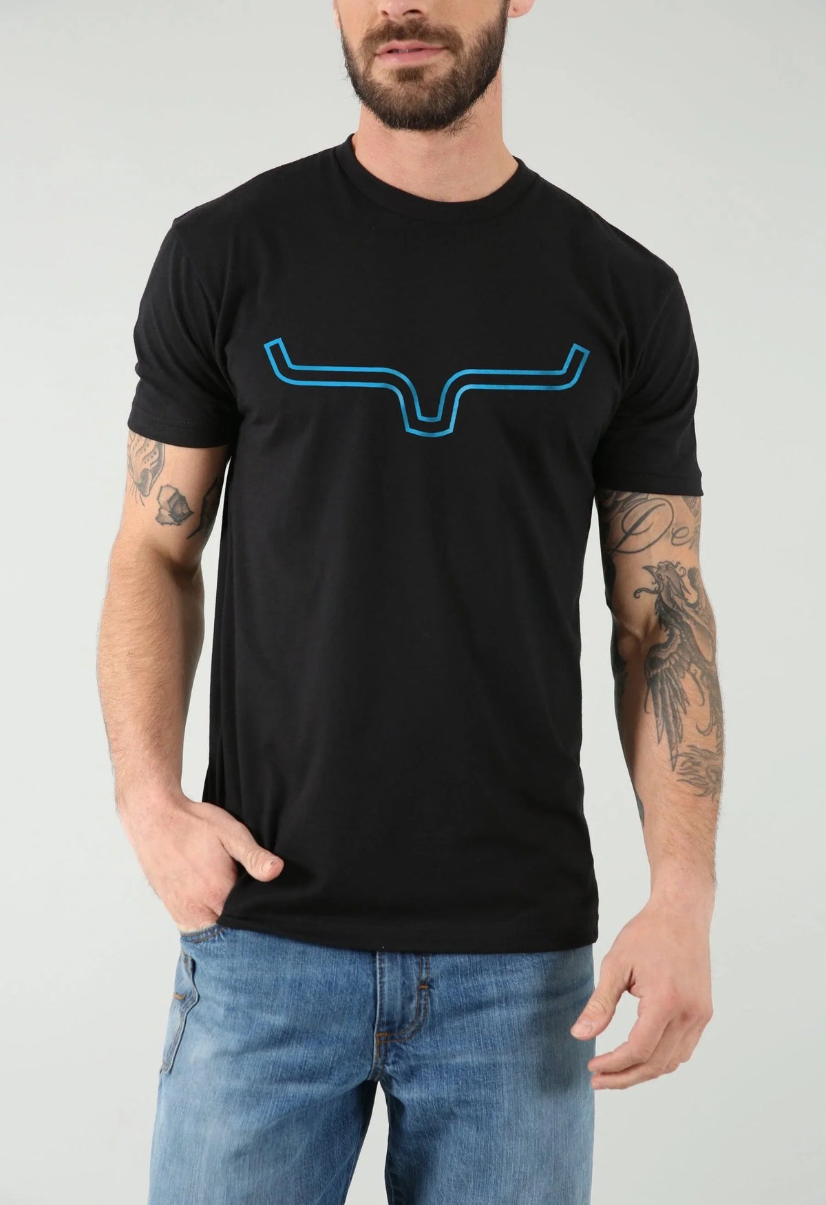 Kimes Ranch Outlier Shirt in Black with a blue longhorn logo graphic on the chest