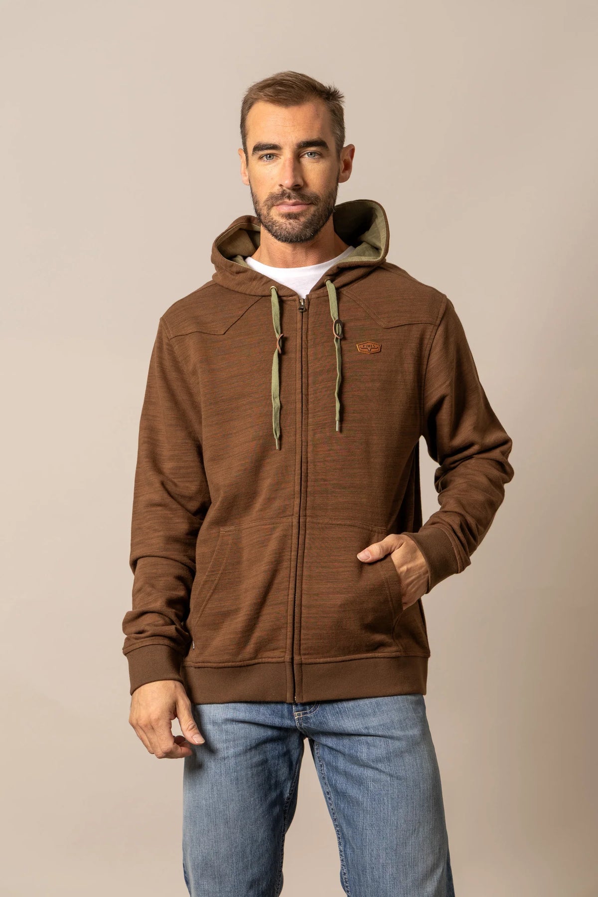 Kimes Ranch Overo Full Zip hoodie in Brown with contrast drawstrings and front pockets