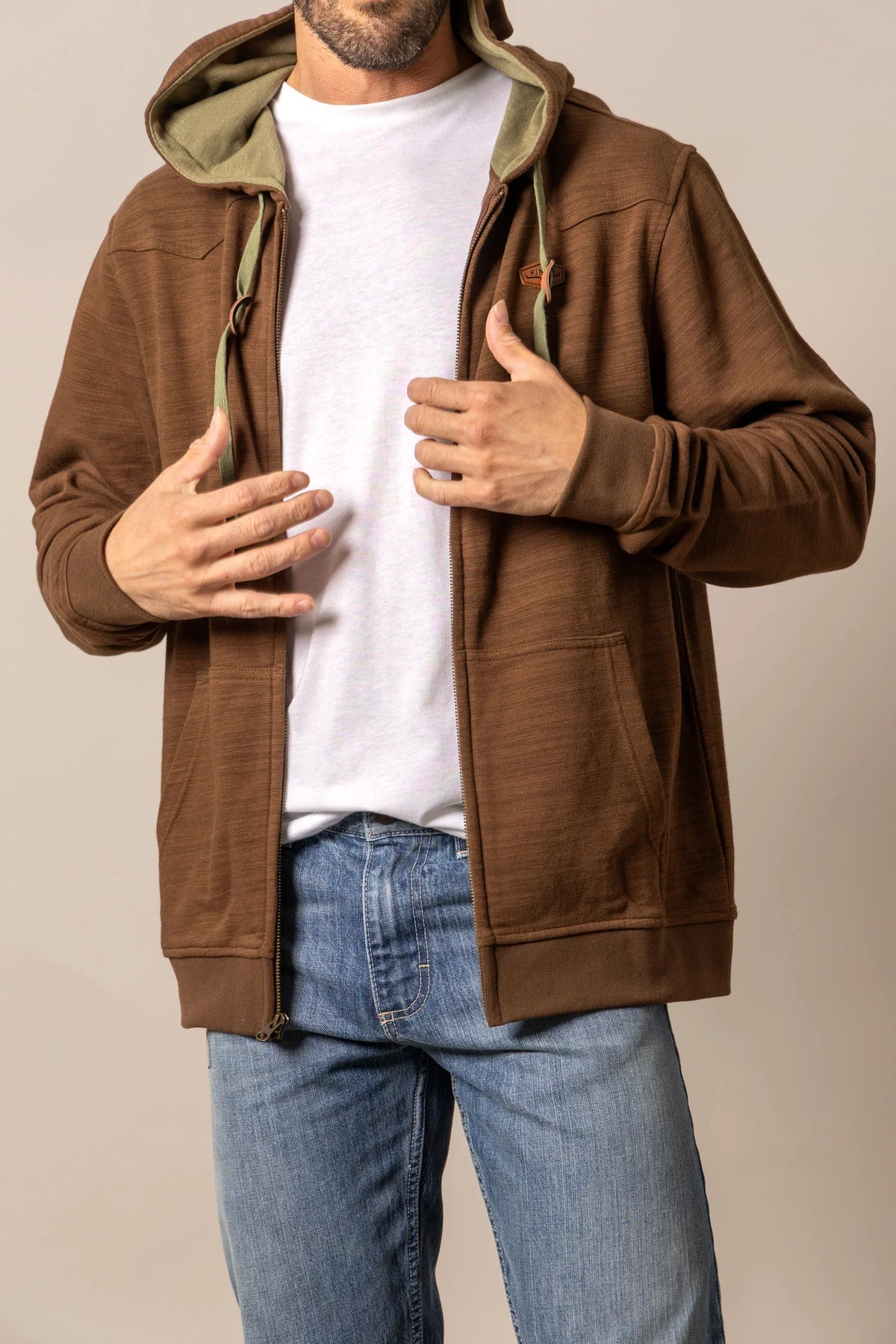 Kimes Ranch Overo Full Zip hoodie in Brown with olive green drawstrings and front pockets