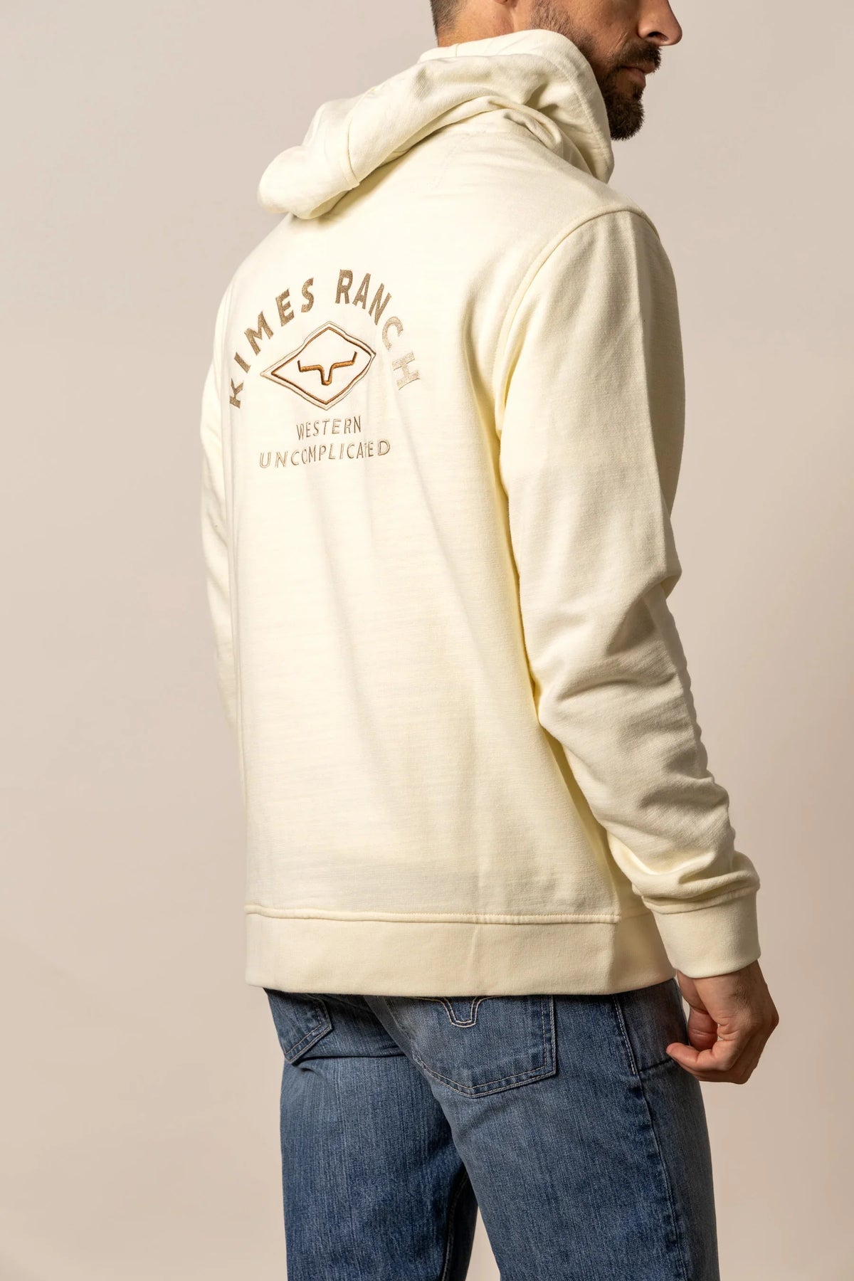 Kimes Ranch Overo Full Zip hoodie in Natural, back view, with back graphic and Western Uncomplicated text