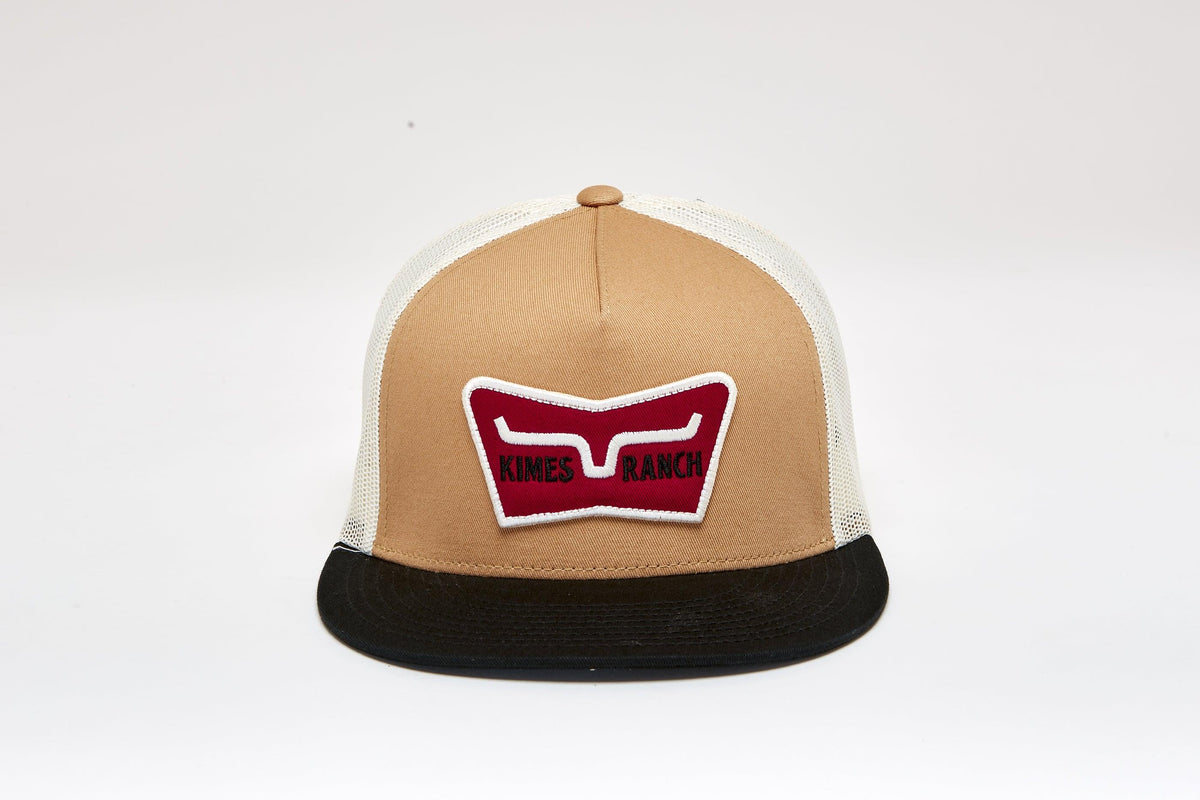 Kimes Ranch Panoramic Trucker Hat in Work Wear Brown with white mesh back and black brim featuring the Kimes Ranch logo