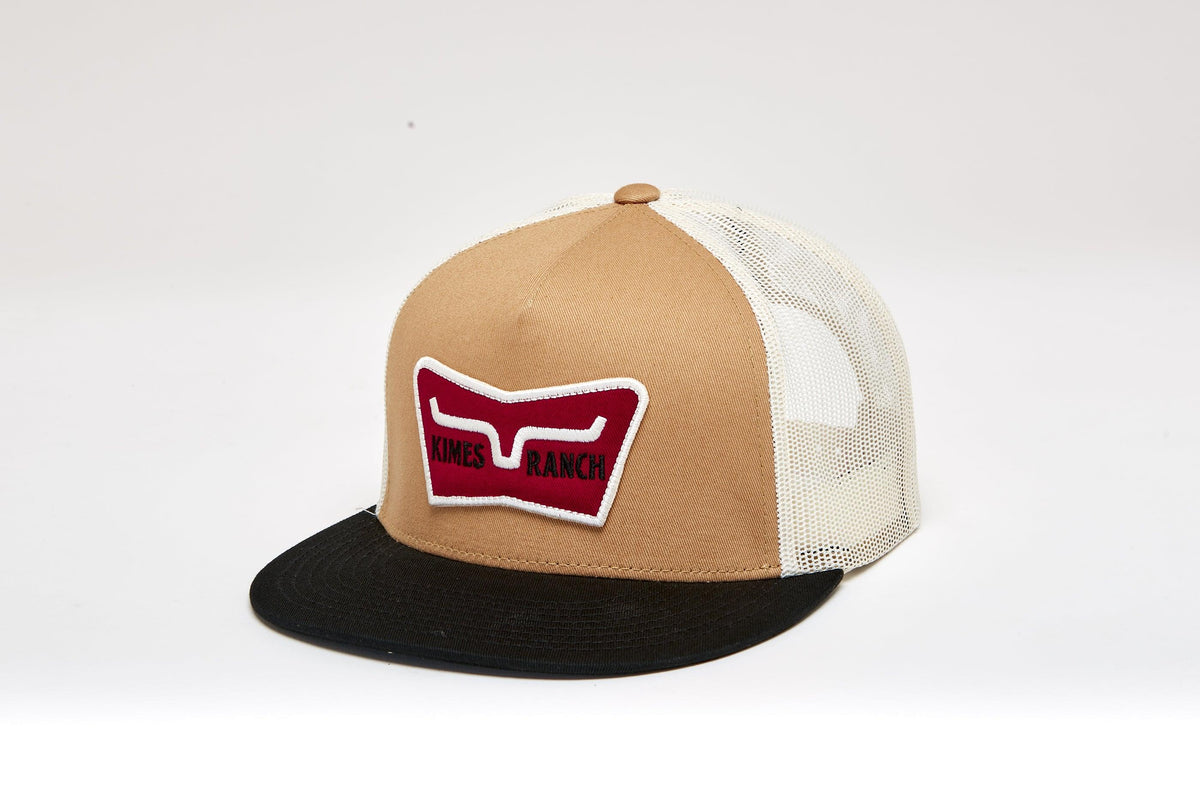 Kimes Ranch Panoramic Trucker Hat in Work Wear Brown, side view, with a maroon logo patch and black brim