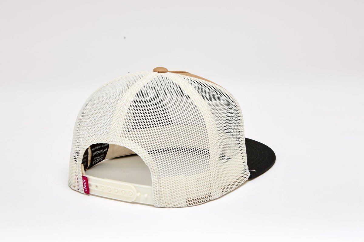 Kimes Ranch Panoramic Trucker Hat in Work Wear Brown, back view, with white mesh back and black brim